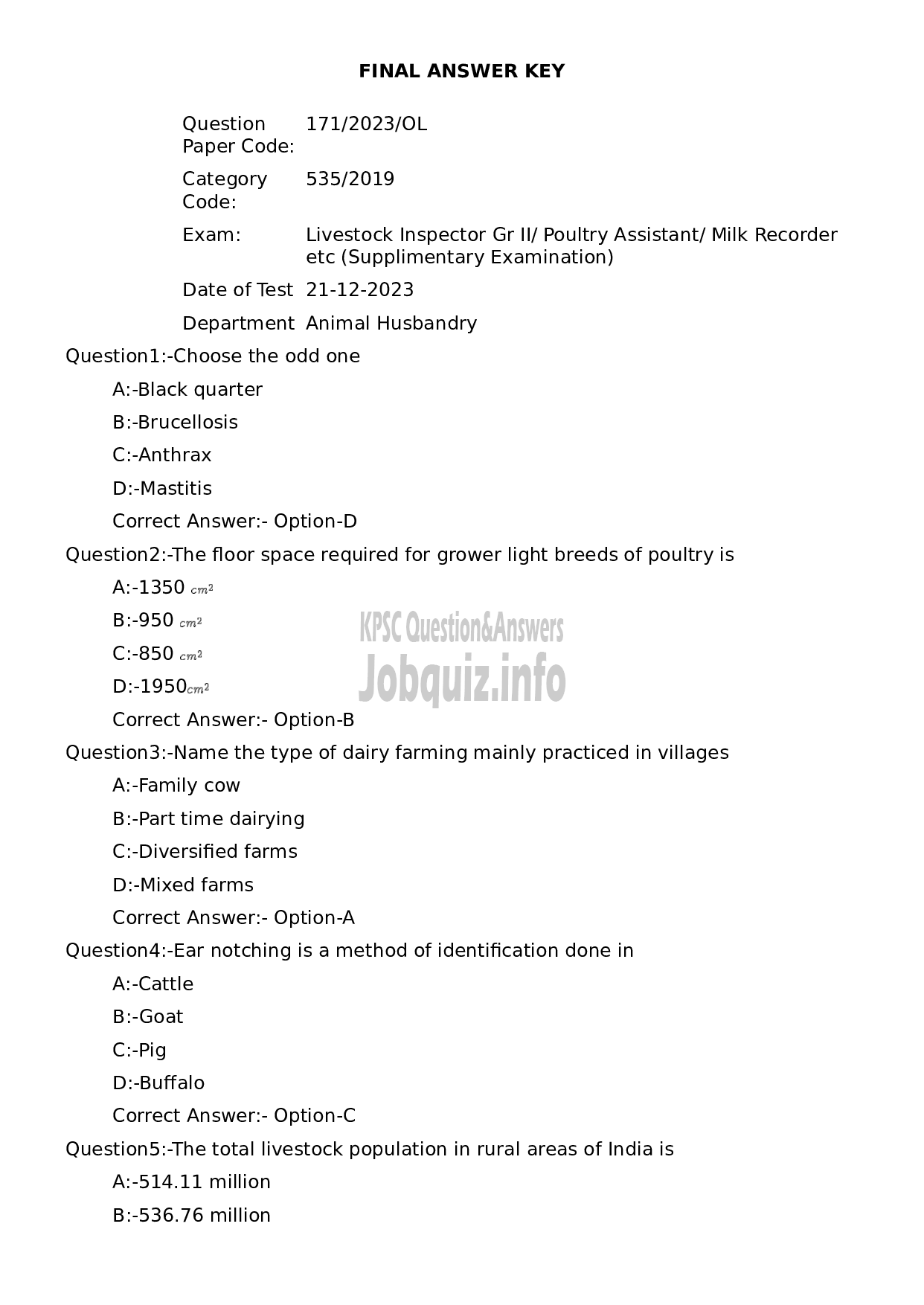 Kerala PSC Question Paper - Livestock Inspector Gr II/ Poultry Assistant/ Milk Recorder etc (Supplimentary Examination)-1