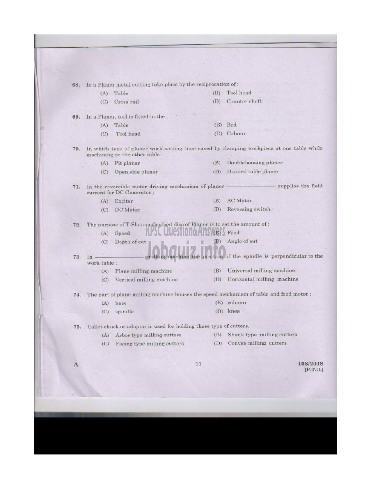 Kerala PSC Question Paper - MACHINIST STATE WATER TRANSPORT English -10