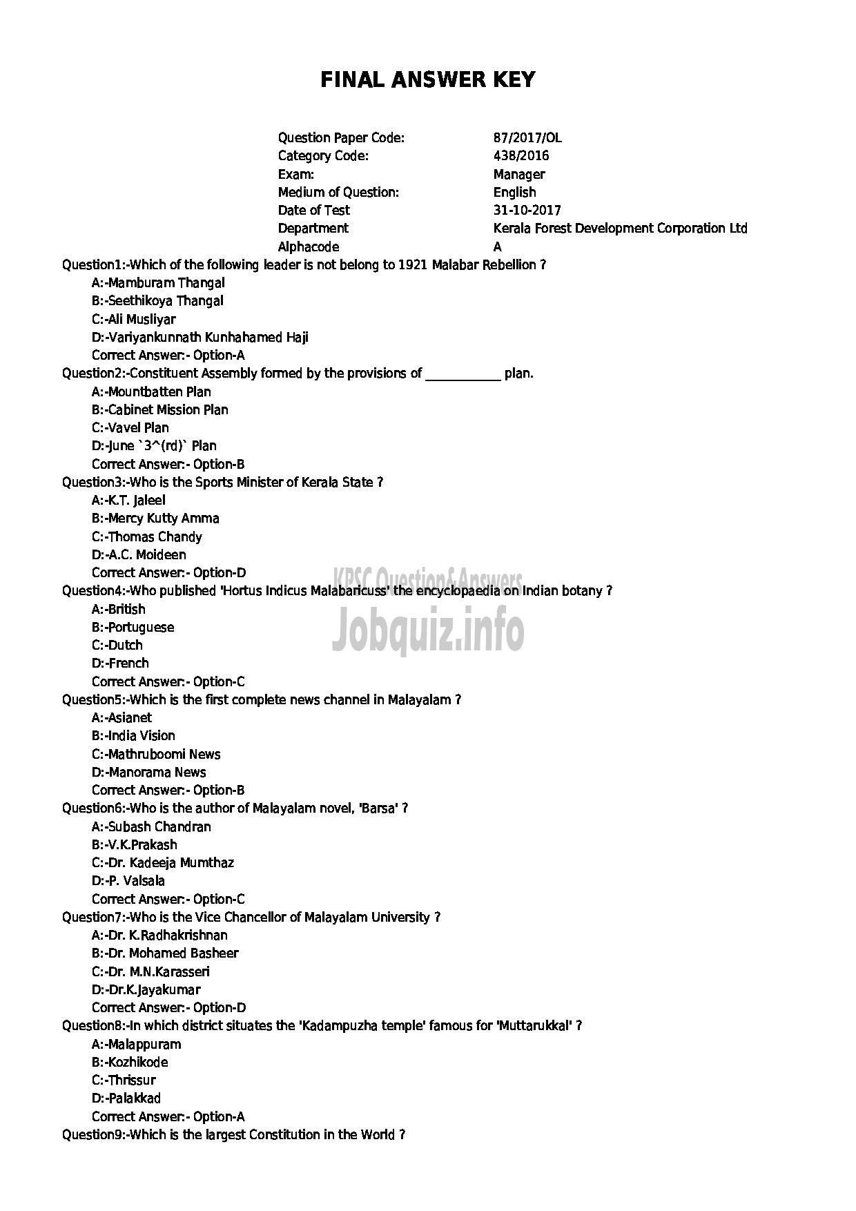 Kerala PSC Question Paper - MANAGER KERALA FOREST DEVELOPMENT CORPORATION-1