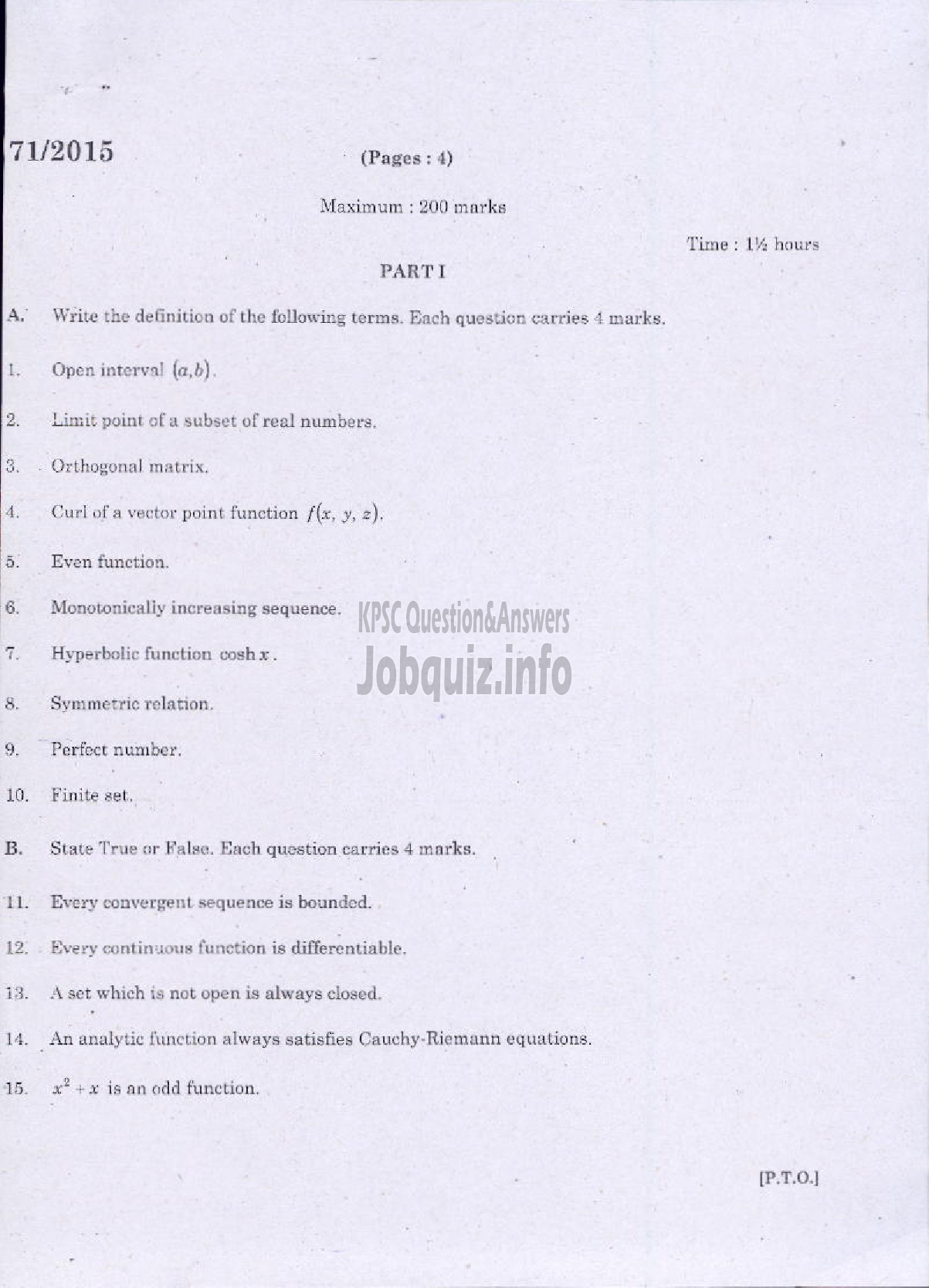 Kerala PSC Question Paper - MATHEMATICS QUESTION PAPER-1