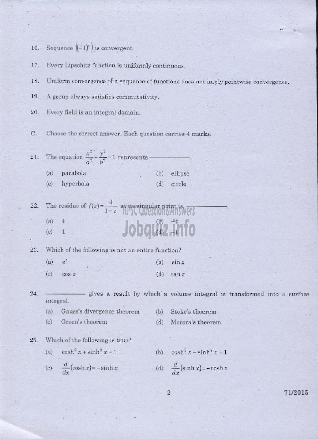 Kerala PSC Question Paper - MATHEMATICS QUESTION PAPER-2