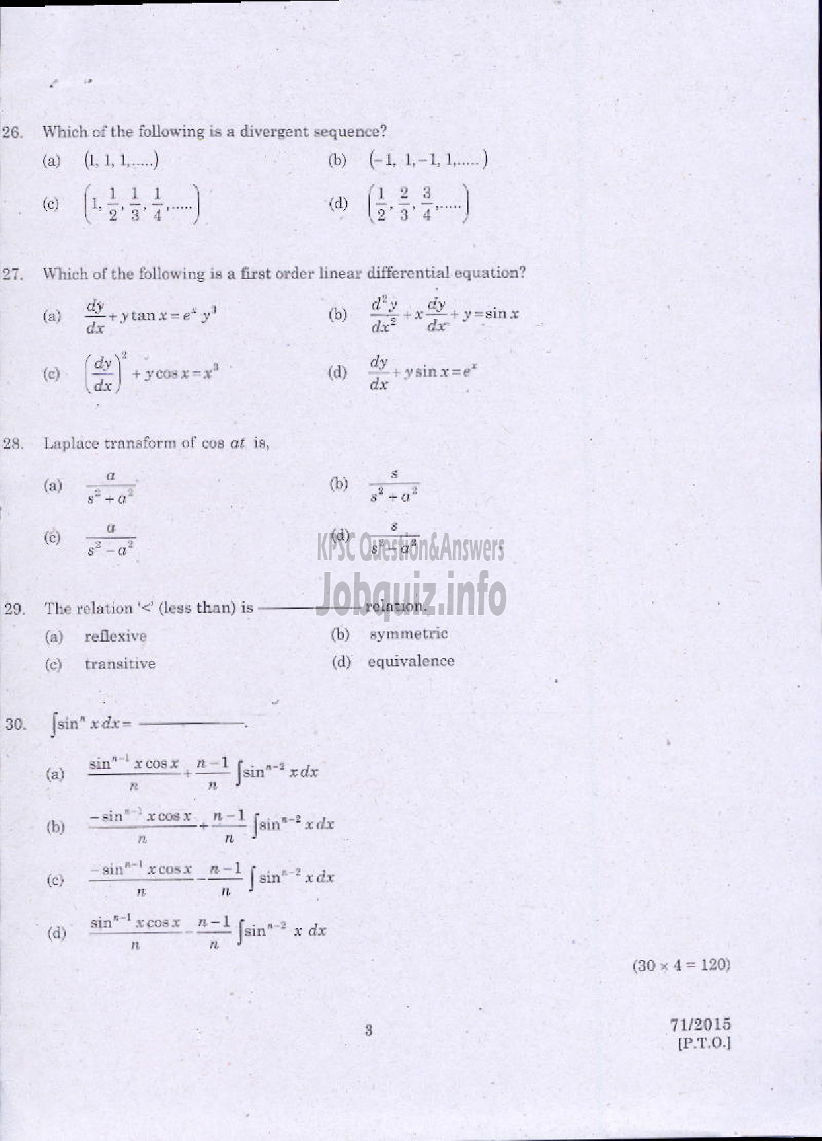 Kerala PSC Question Paper - MATHEMATICS QUESTION PAPER-3