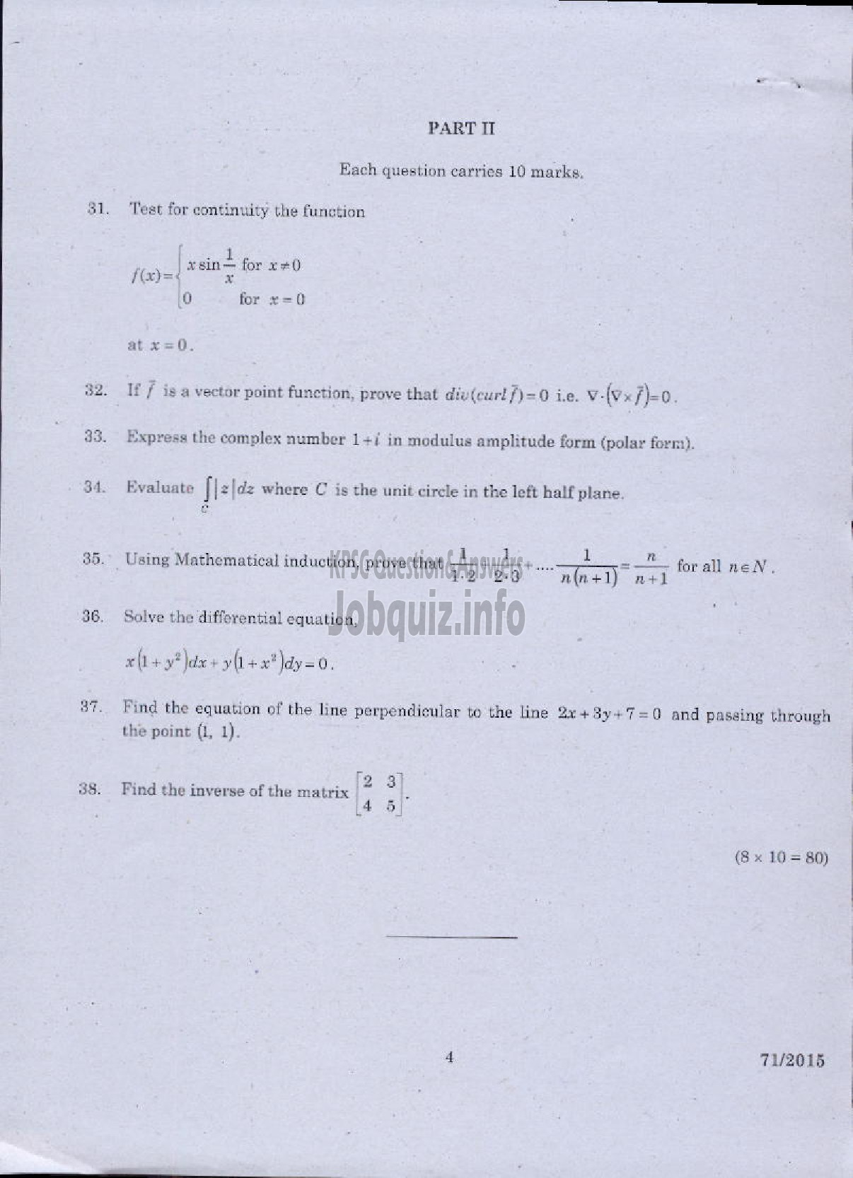 Kerala PSC Question Paper - MATHEMATICS QUESTION PAPER-4