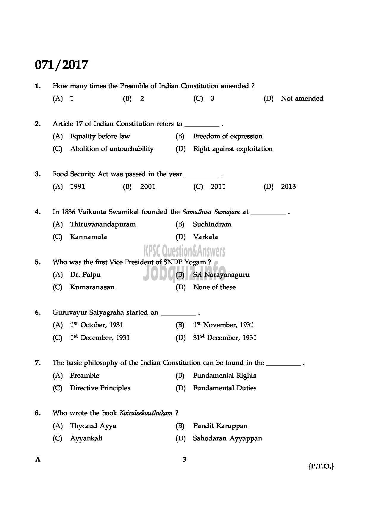 Kerala PSC Question Paper - MECHANICAL OPERATOR PHARMACEUTICAL CORPORATION IM KERALA LTD QUESTION PAPER QUESTION PAPER-2