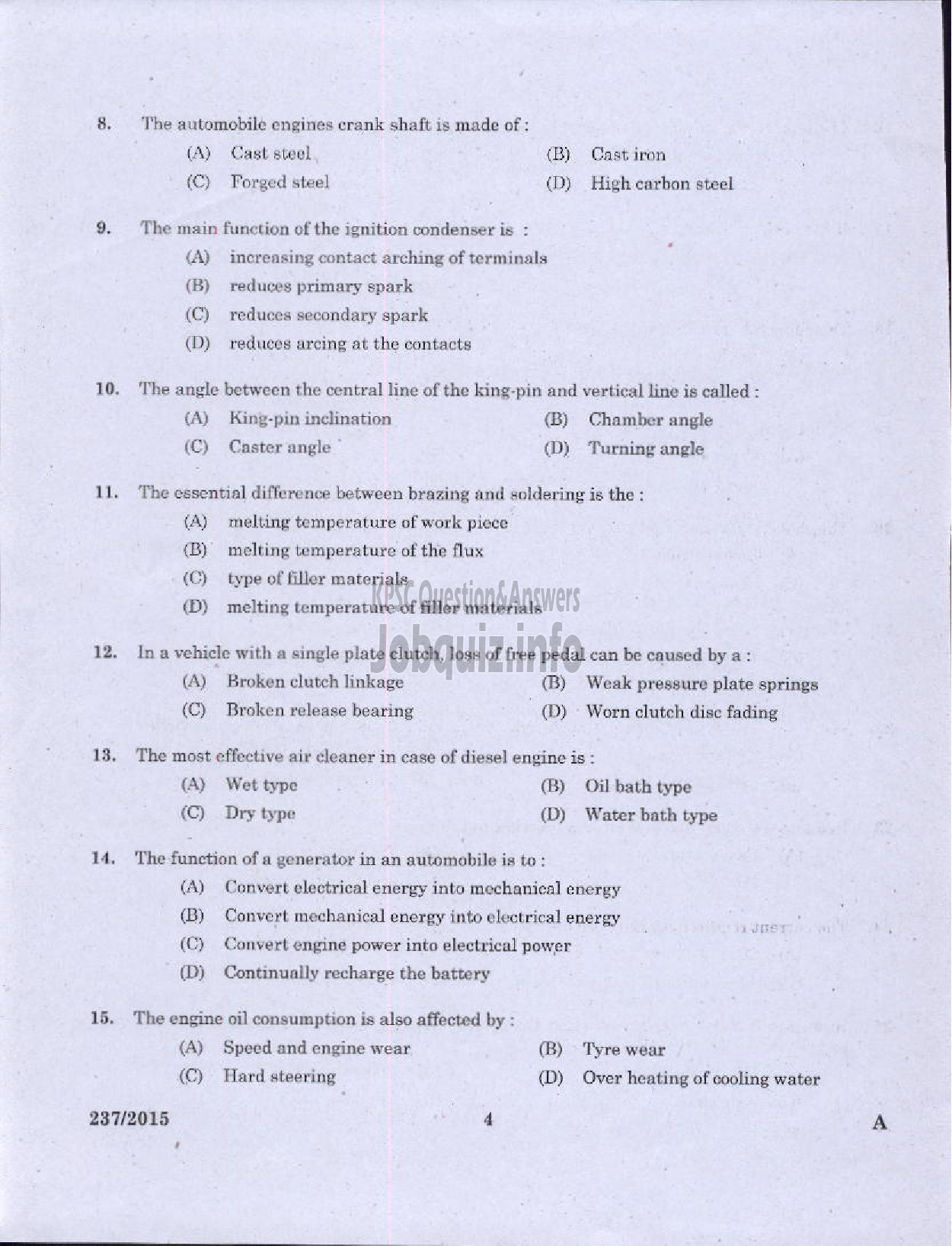 Kerala PSC Question Paper - MECHANIC GR II KSRTC-2