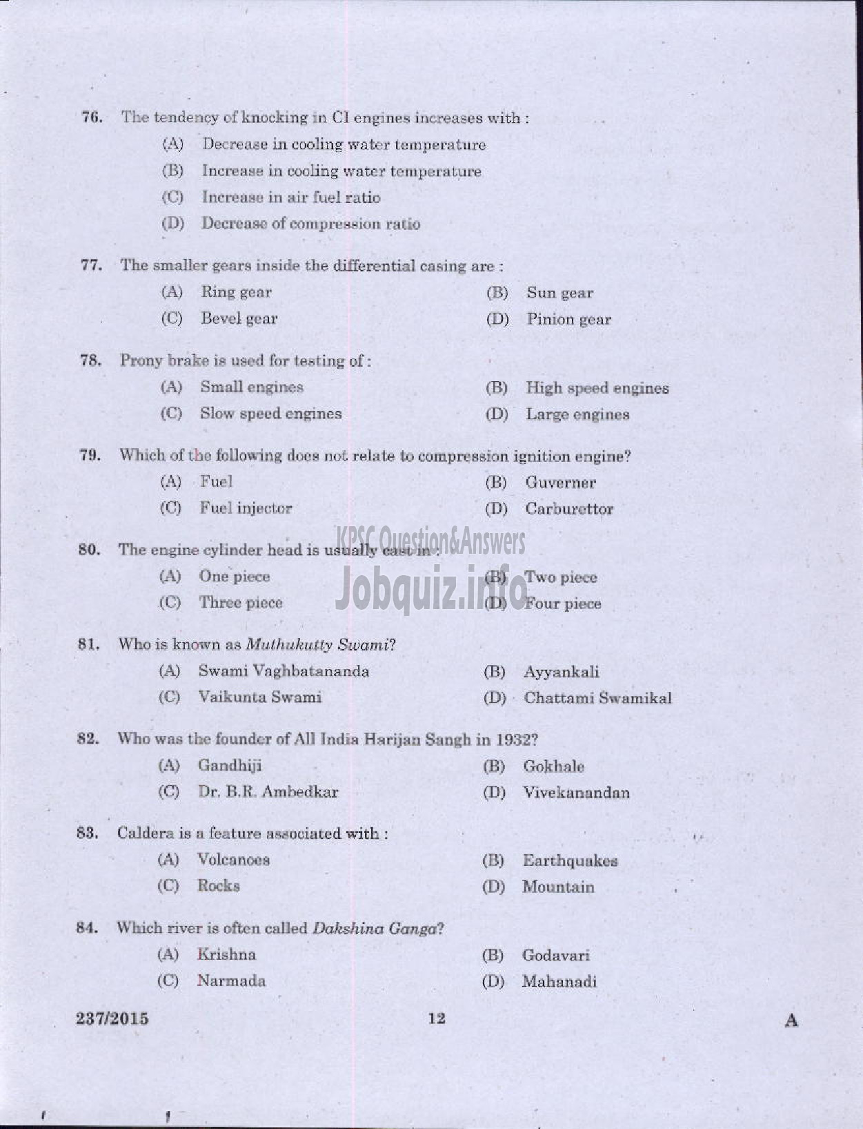 Kerala PSC Question Paper - MECHANIC GR II KSRTC-10