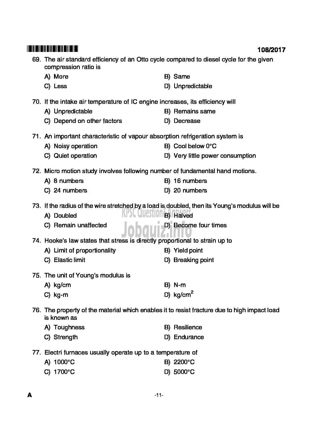 Kerala PSC Question Paper - MECHANIC GR II STATE FARMING CORPORATION OF KERALA LTD-11