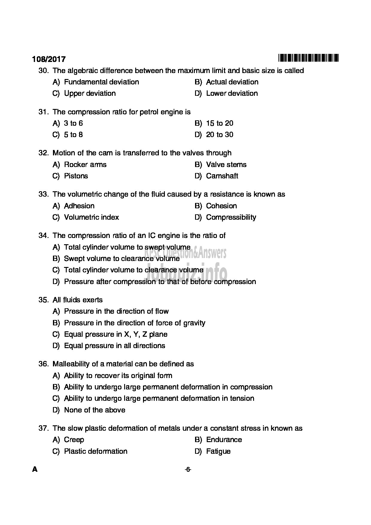 Kerala PSC Question Paper - MECHANIC GR II STATE FARMING CORPORATION OF KERALA LTD-6