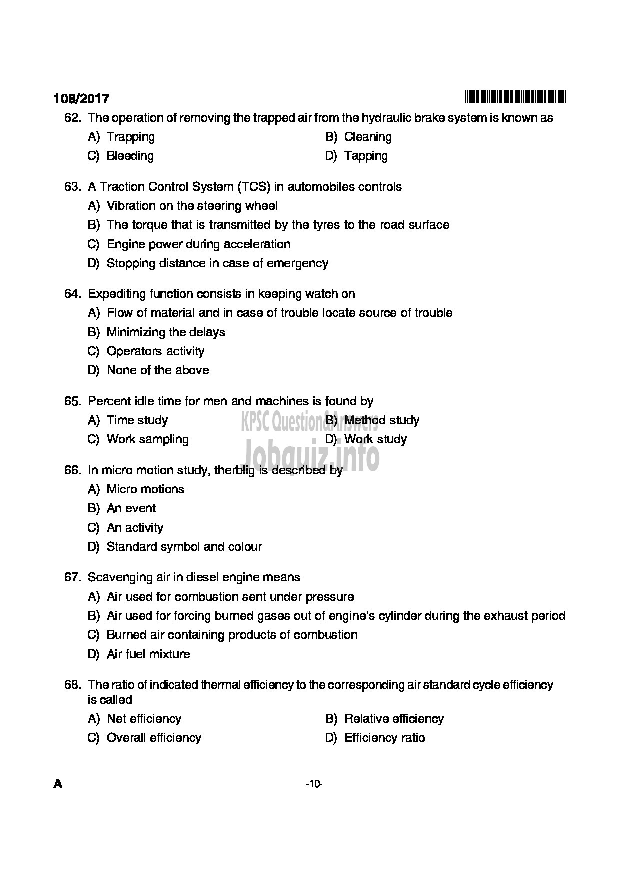 Kerala PSC Question Paper - MECHANIC GR II STATE FARMING CORPORATION OF KERALA LTD-10