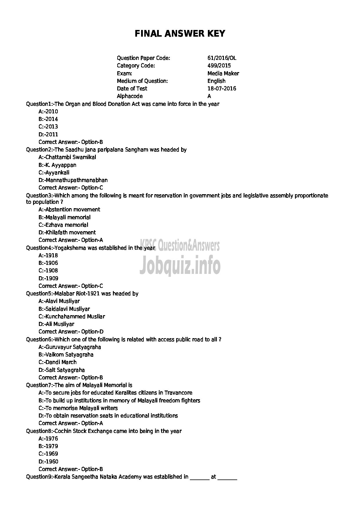 Kerala PSC Question Paper - MEDIA MAKER DRUGS CONTROL-1