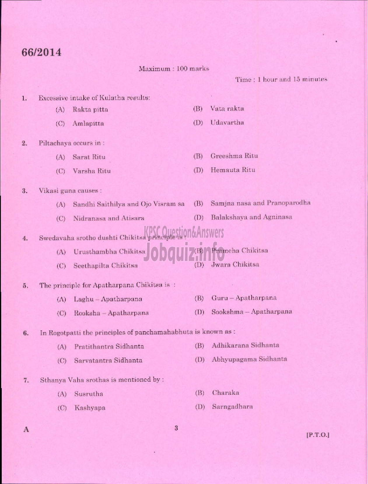 Kerala PSC Question Paper - MEDICAL OFFICER AYURVEDA KERALA MUNICIPAL COMMON SERVICE-1