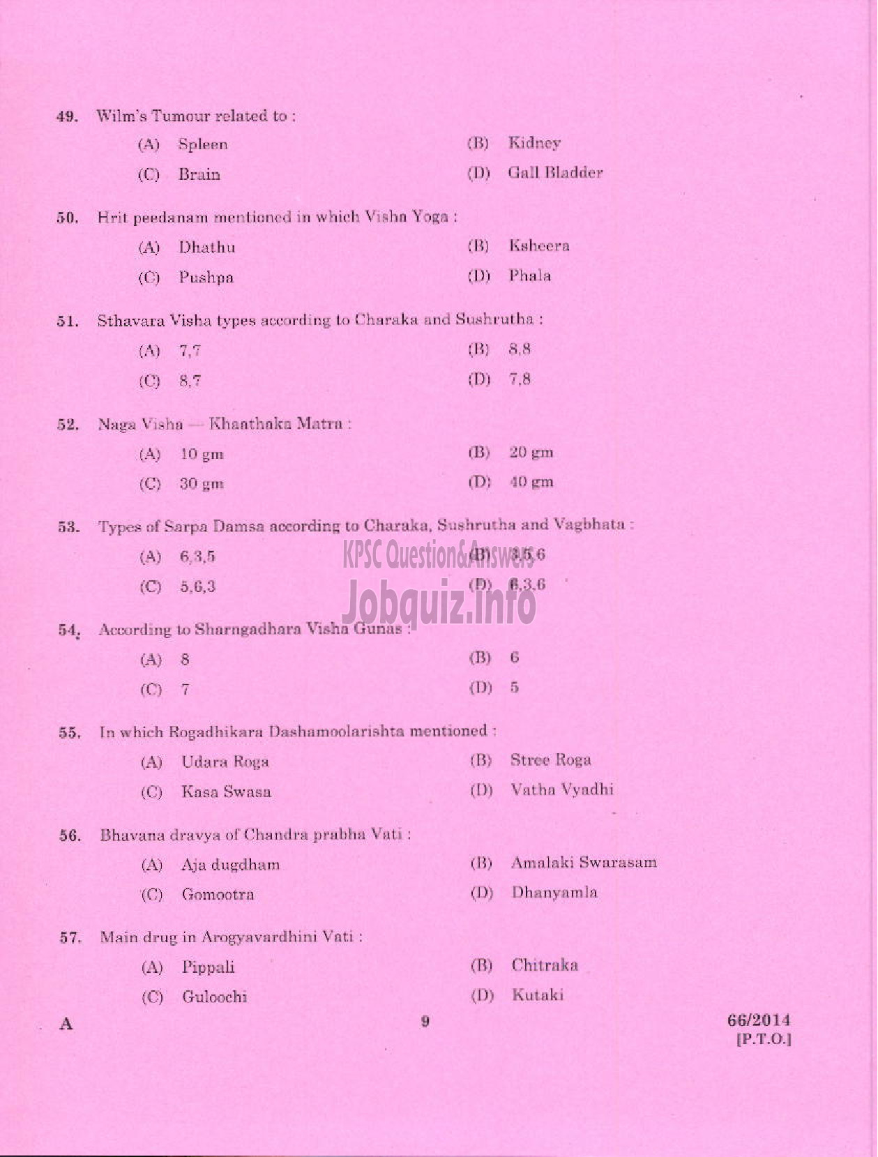 Kerala PSC Question Paper - MEDICAL OFFICER AYURVEDA KERALA MUNICIPAL COMMON SERVICE-7