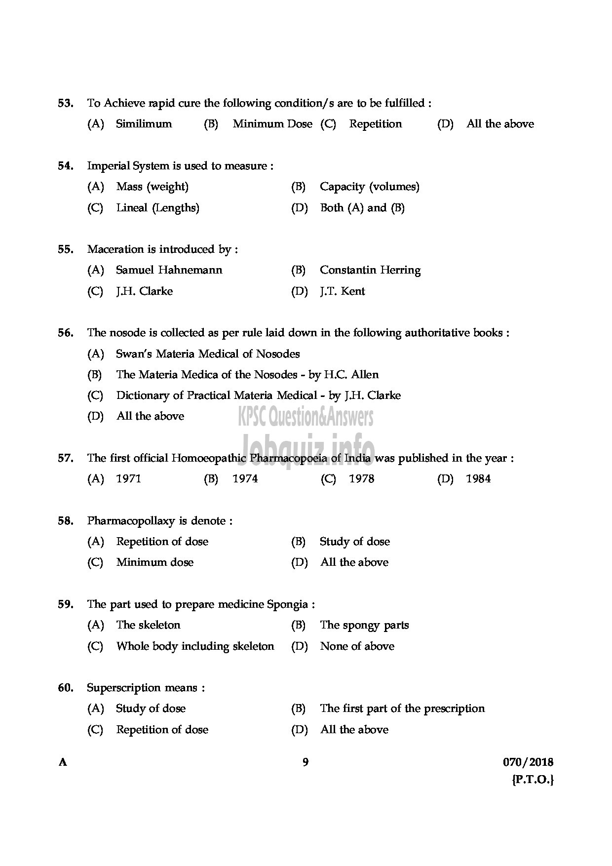 Kerala PSC Question Paper - MEDICAL OFFICER HOMOEO/ ASSISTANT INSURANCE MEDICAL OFFICER HOMOEO HOMOEOPATHY/ INSURANCE MEDICAL SERVICES-9