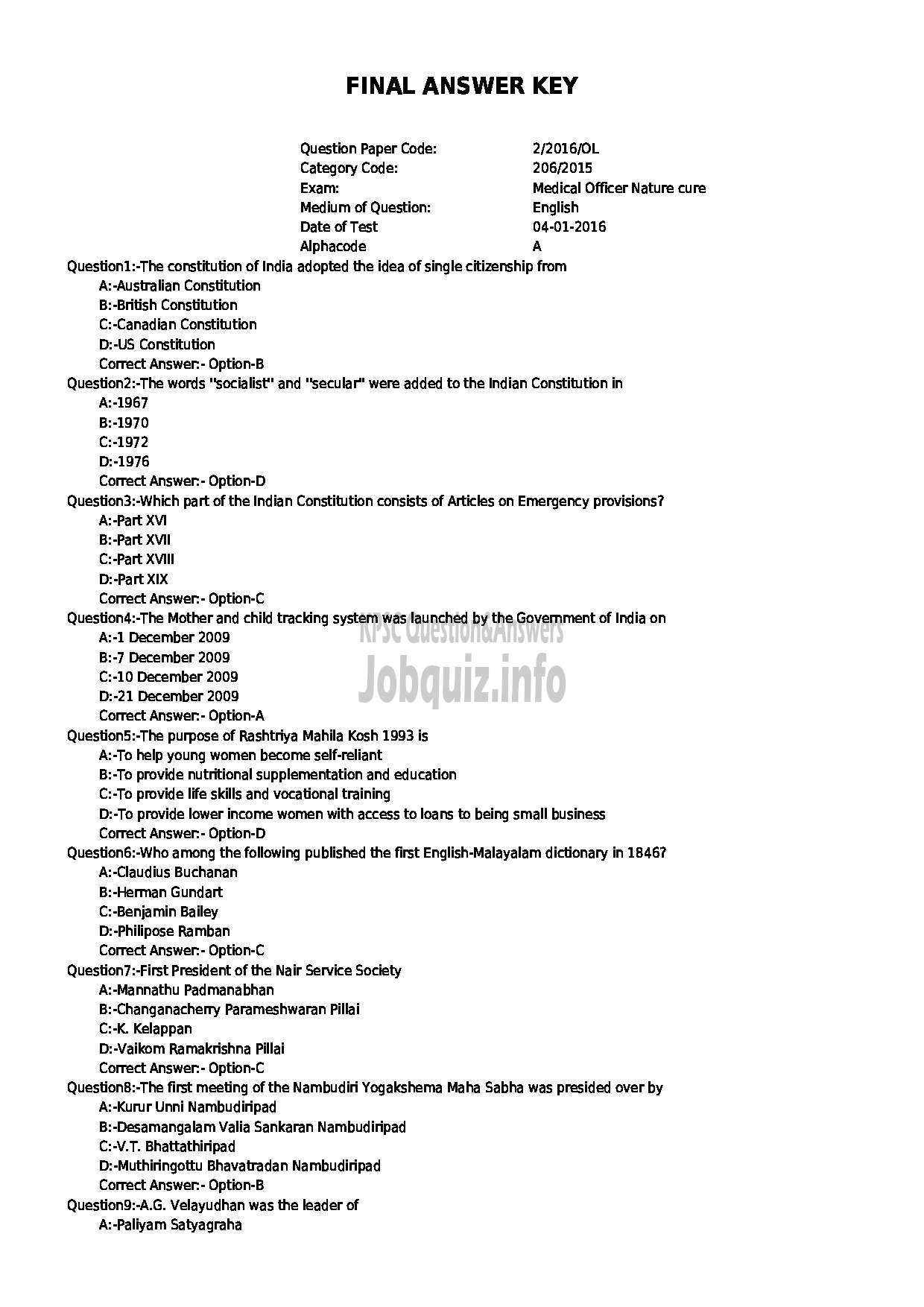 Kerala PSC Question Paper - MEDICAL OFFICER NATURE CARE-1