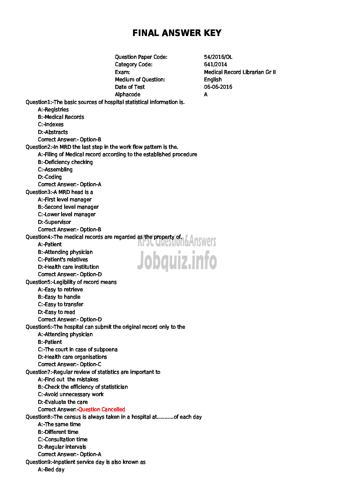 Kerala PSC Question Paper - MEDICAL RECORD LIBRARIAN GR II INSURANCE MEDICAL SERVICES-1