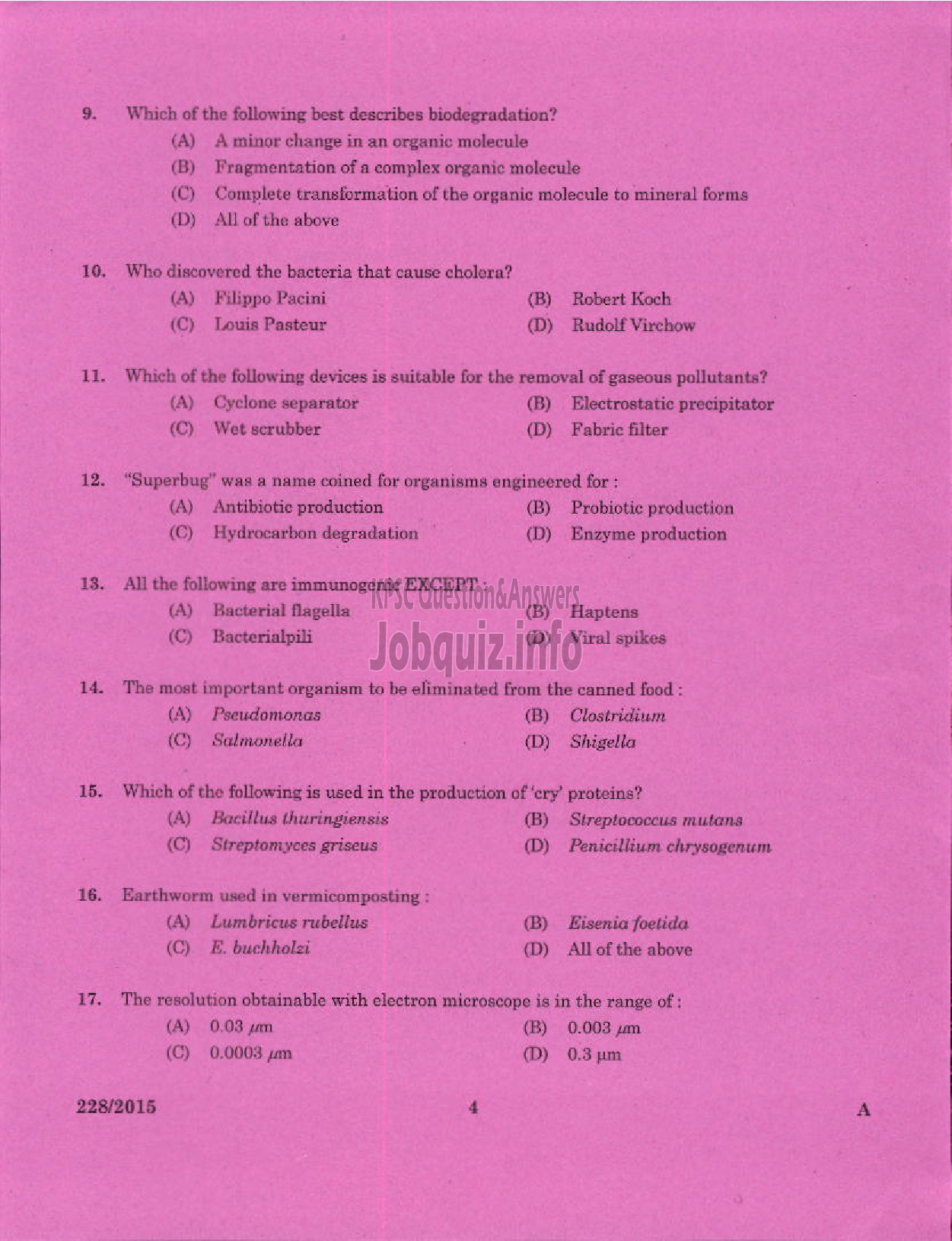 Kerala PSC Question Paper - MICROBIOLOGIST PHARMACEUTICAL CORPORATION IM KERALA LTD-2
