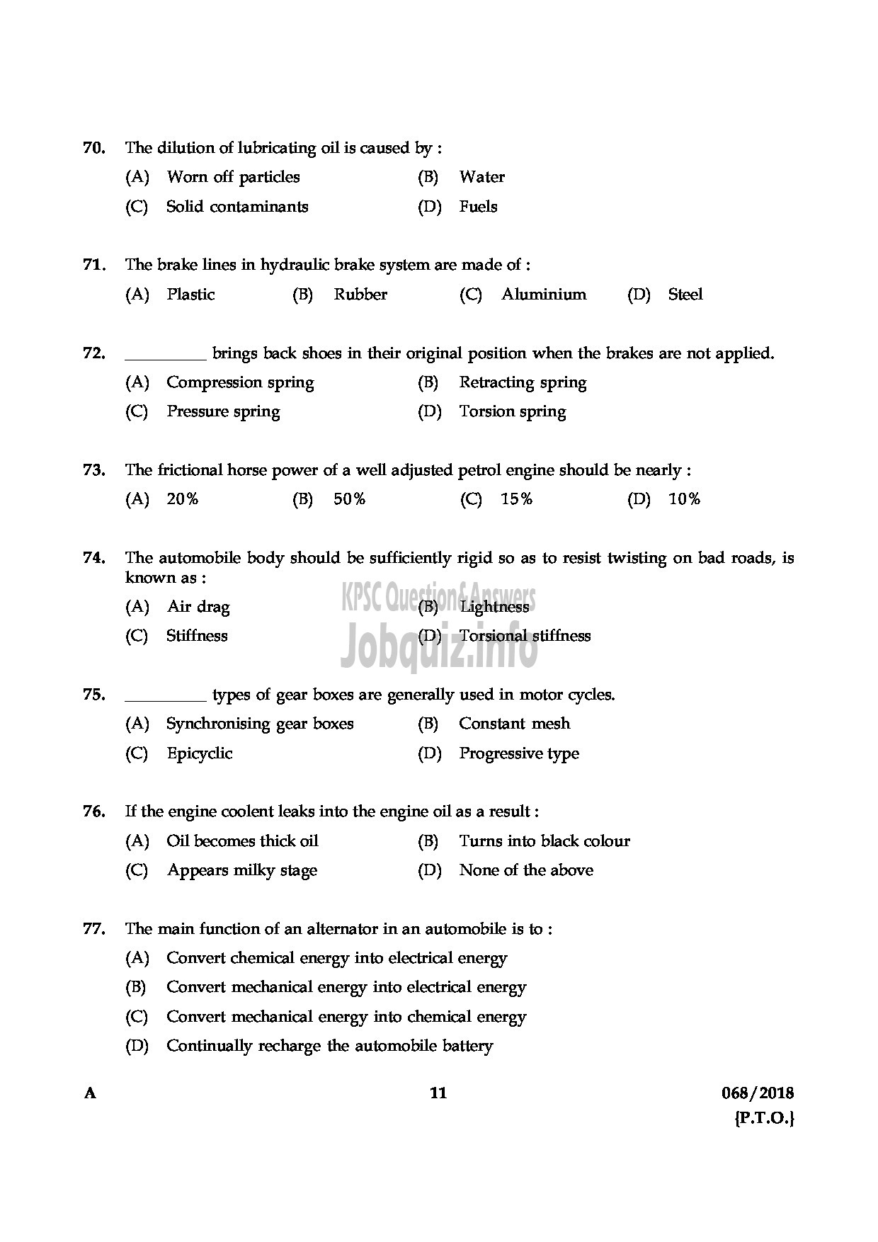 Kerala PSC Question Paper - MOTOR MECHANIC HEALTH SERVICES-11