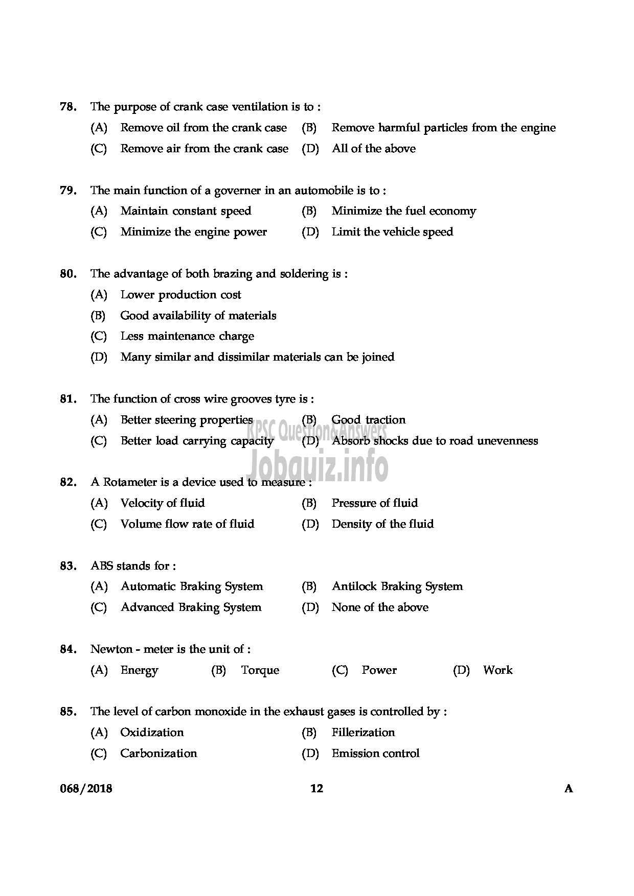 Kerala PSC Question Paper - MOTOR MECHANIC HEALTH SERVICES-12