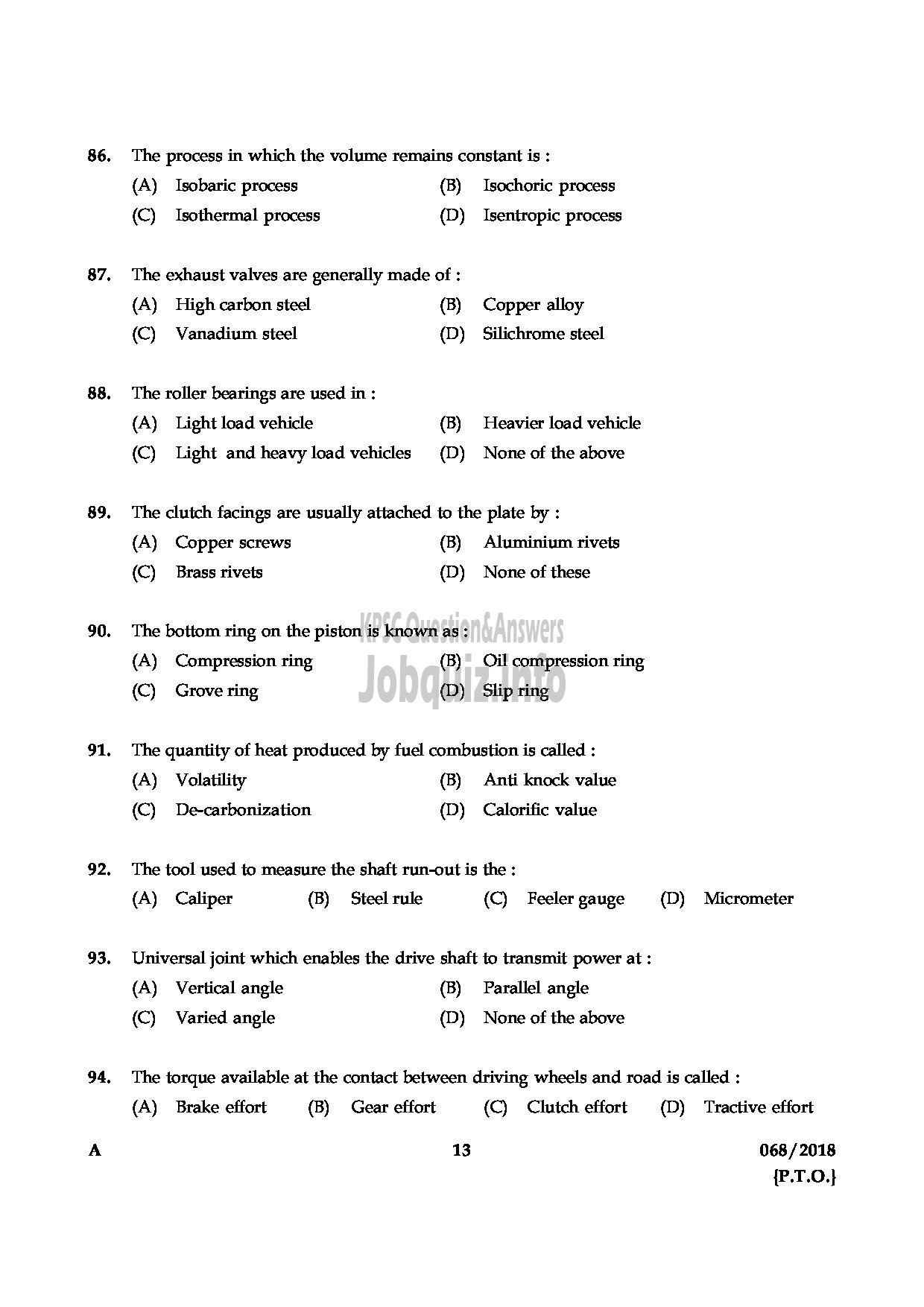 Kerala PSC Question Paper - MOTOR MECHANIC HEALTH SERVICES-13