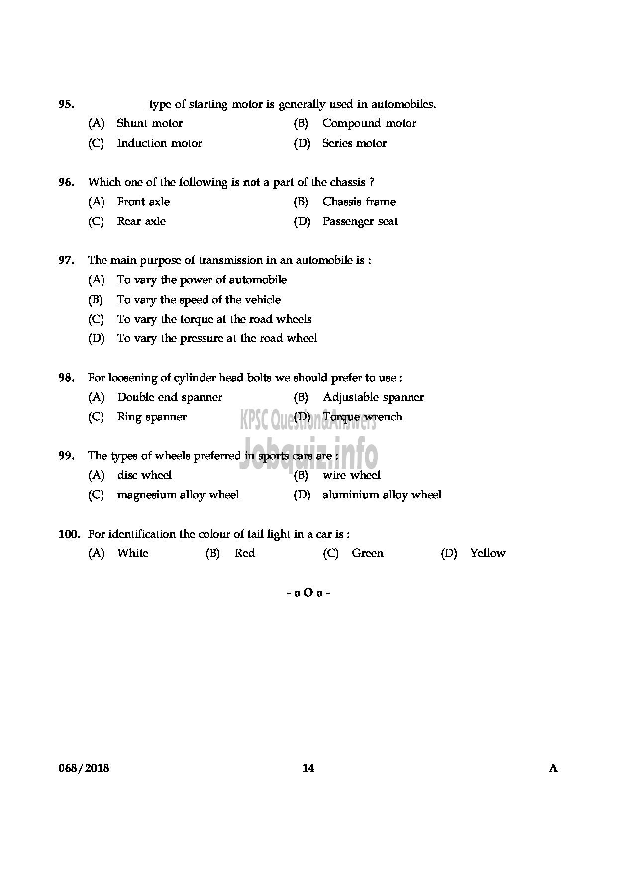 Kerala PSC Question Paper - MOTOR MECHANIC HEALTH SERVICES-14