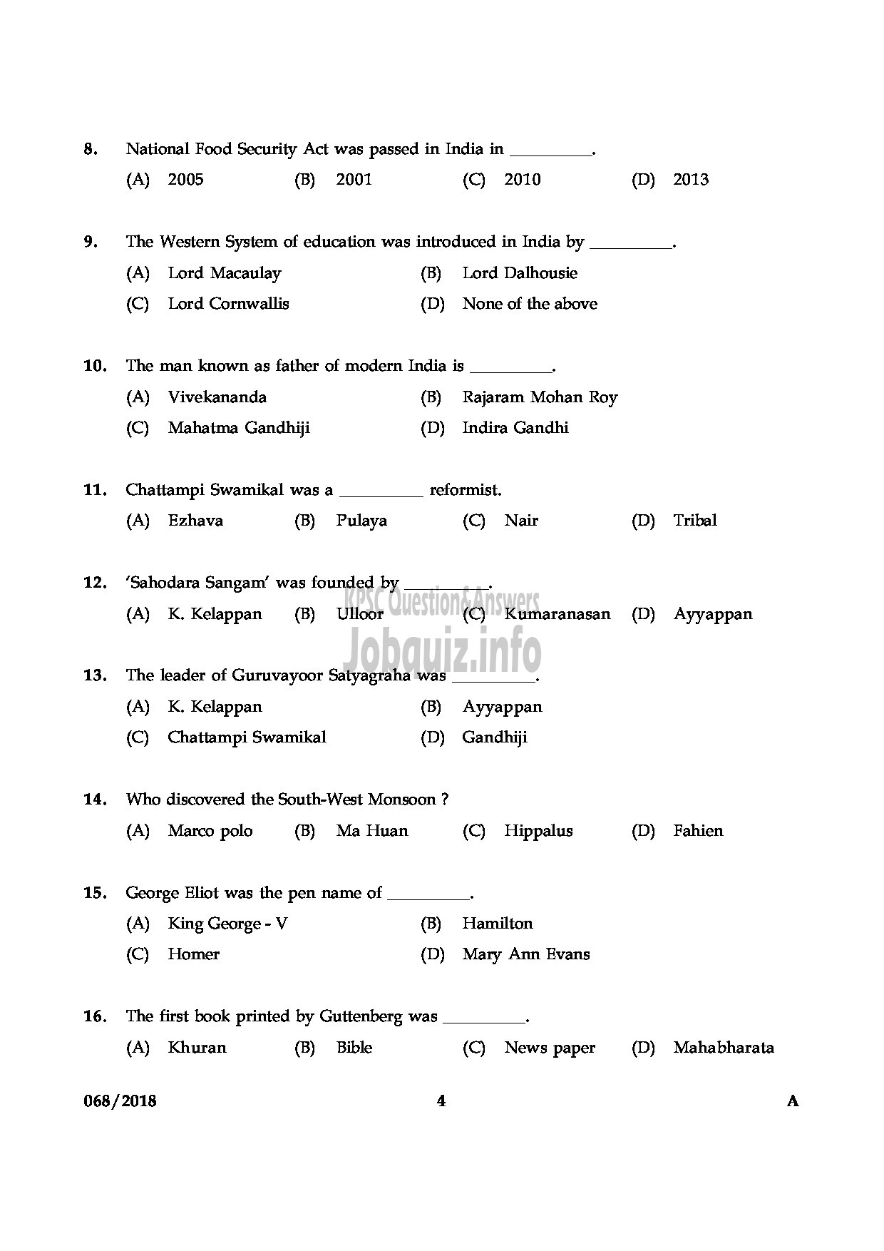 Kerala PSC Question Paper - MOTOR MECHANIC HEALTH SERVICES-4