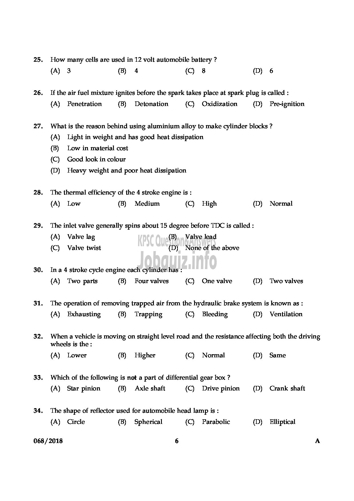 Kerala PSC Question Paper - MOTOR MECHANIC HEALTH SERVICES-6