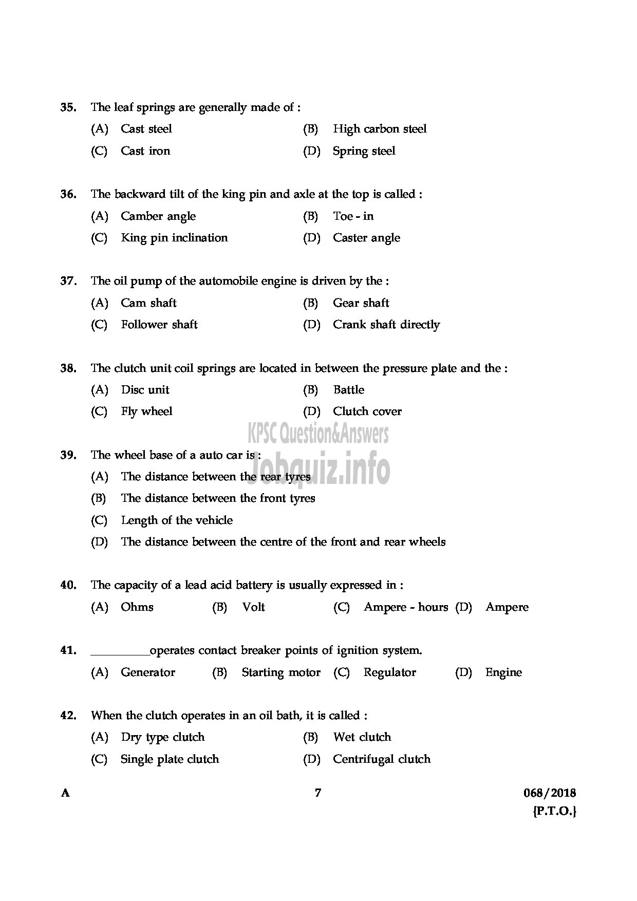 Kerala PSC Question Paper - MOTOR MECHANIC HEALTH SERVICES-7