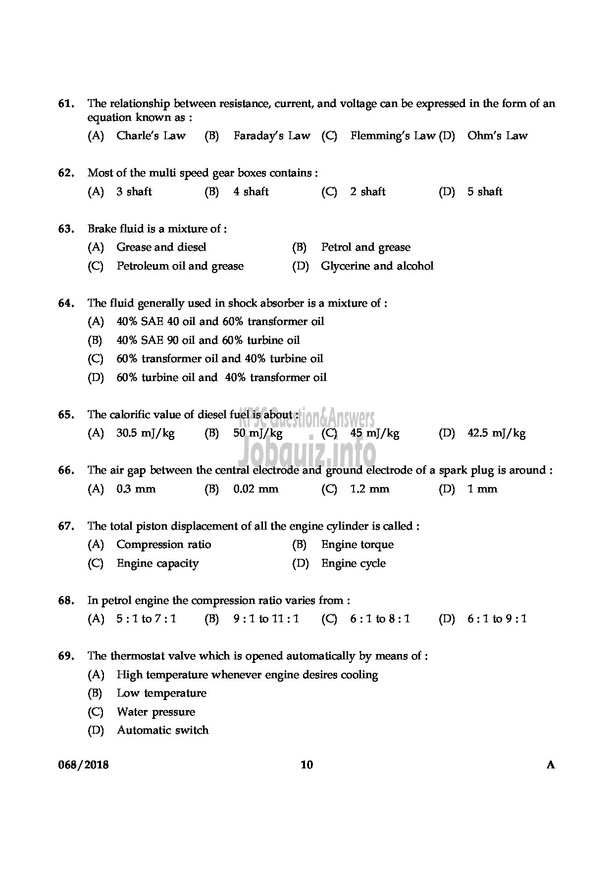 Kerala PSC Question Paper - MOTOR MECHANIC HEALTH SERVICES-10