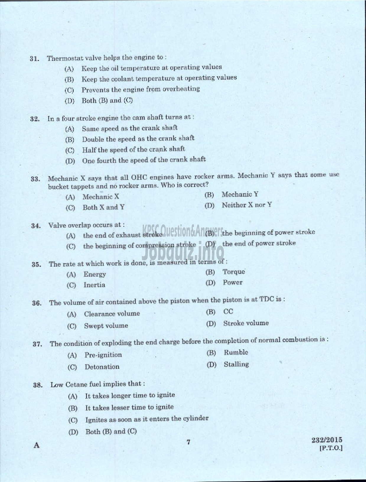 Kerala PSC Question Paper - MOTOR MECHANIC/STORE ASSISTANT GROUND WATER-5