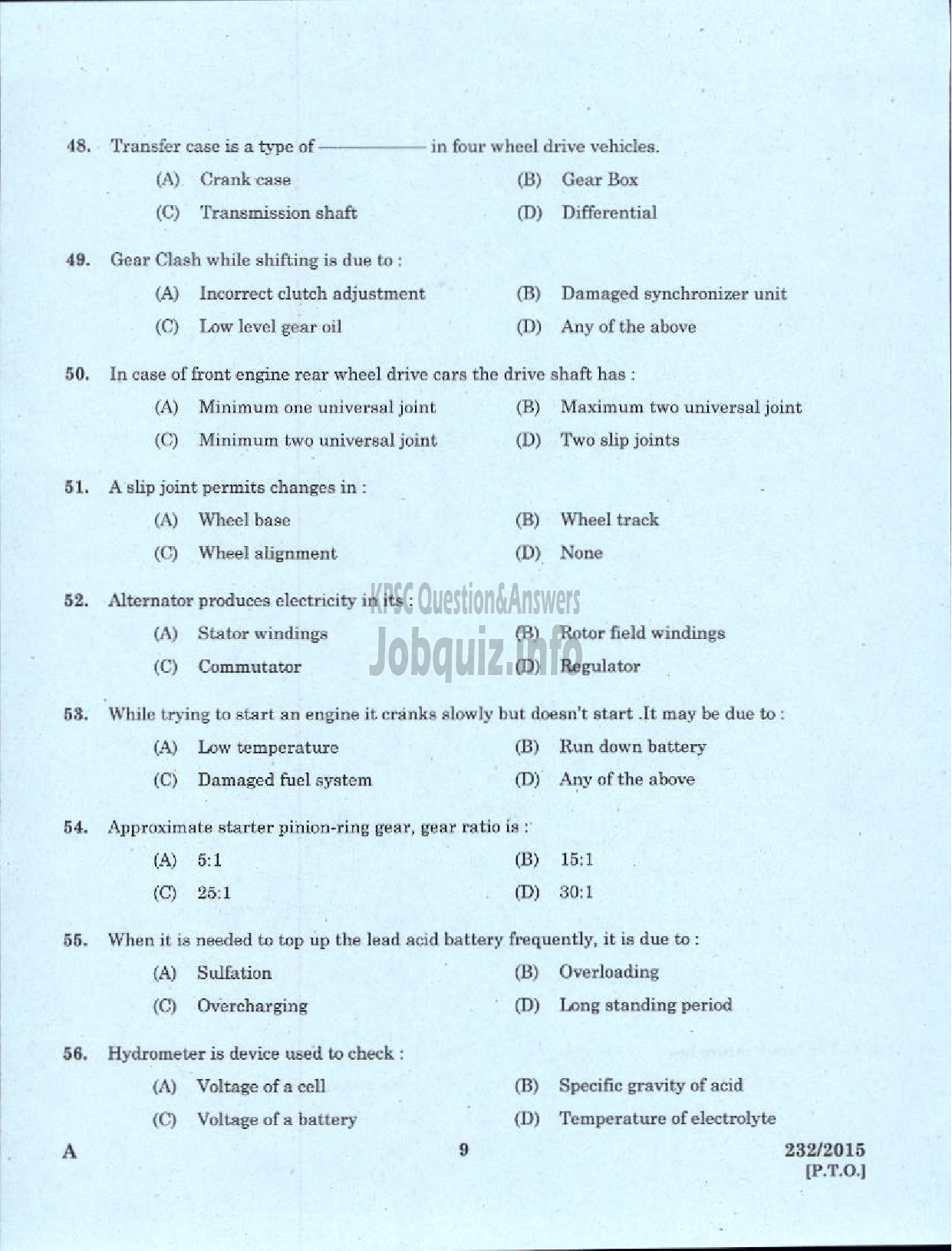 Kerala PSC Question Paper - MOTOR MECHANIC/STORE ASSISTANT GROUND WATER-7