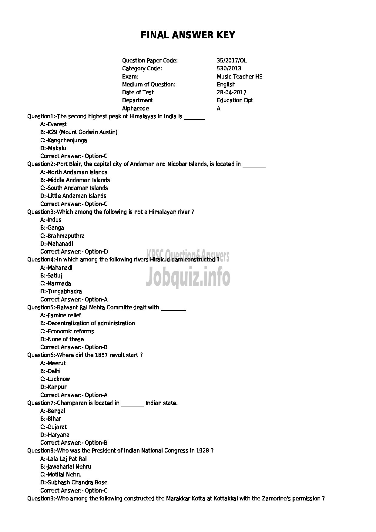 Kerala PSC Question Paper - MUSIC TEACHER HS EDUCATION-1