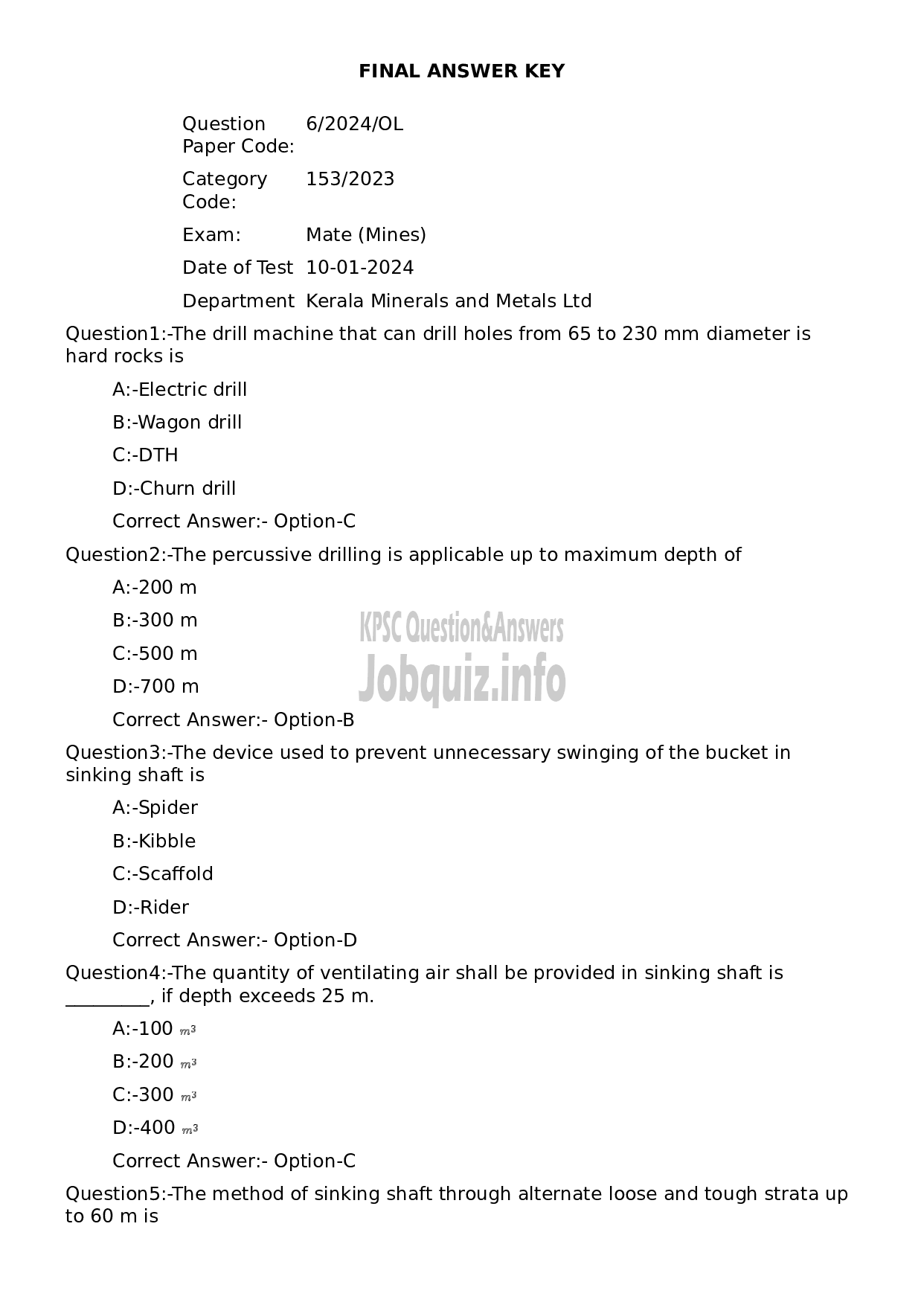 Kerala PSC Question Paper - Mate (Mines)-1