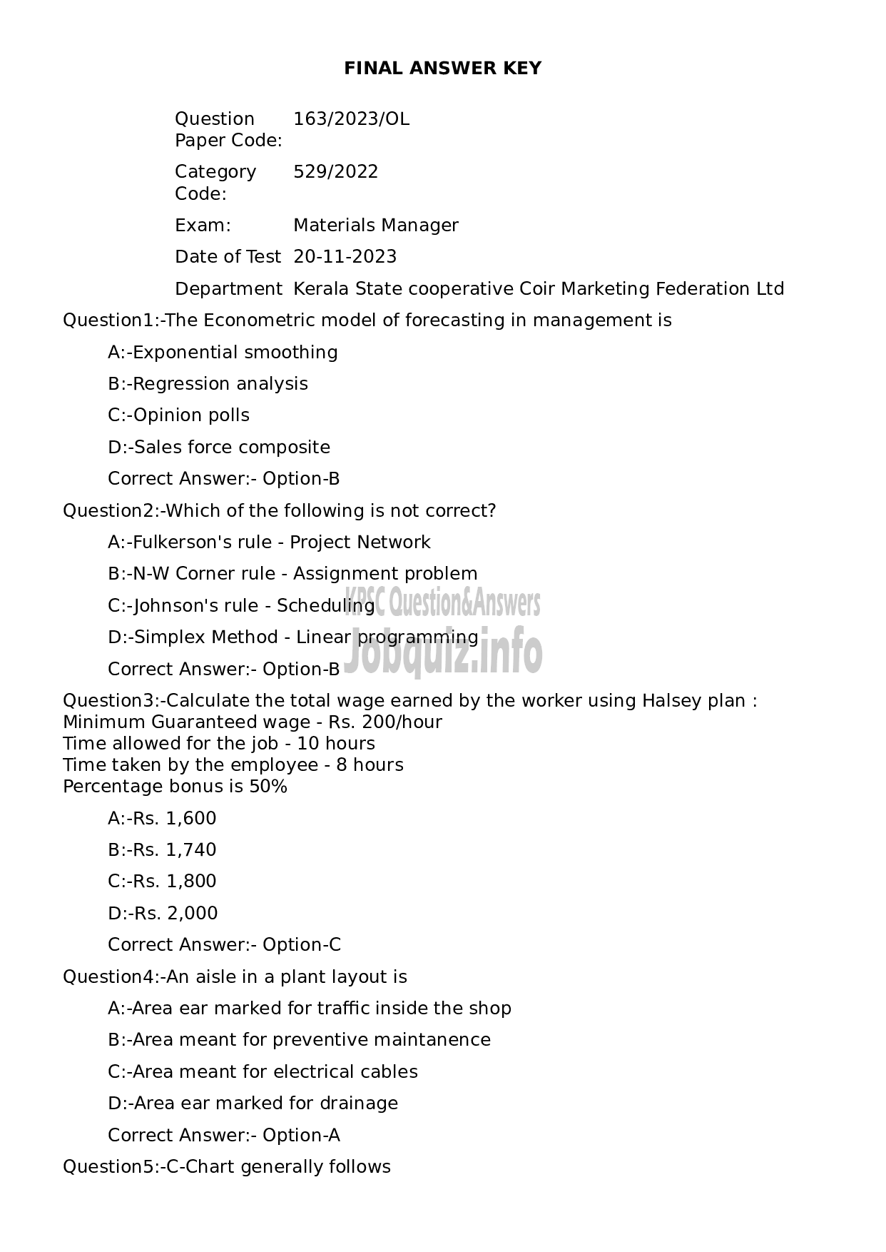 Kerala PSC Question Paper - Materials Manager-1