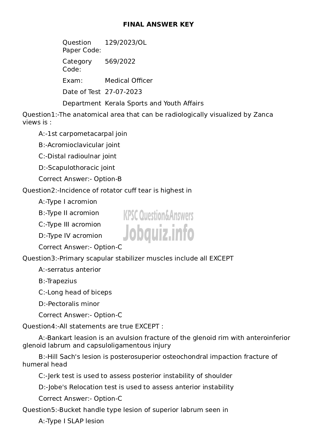 Kerala PSC Question Paper - Medical Officer-1