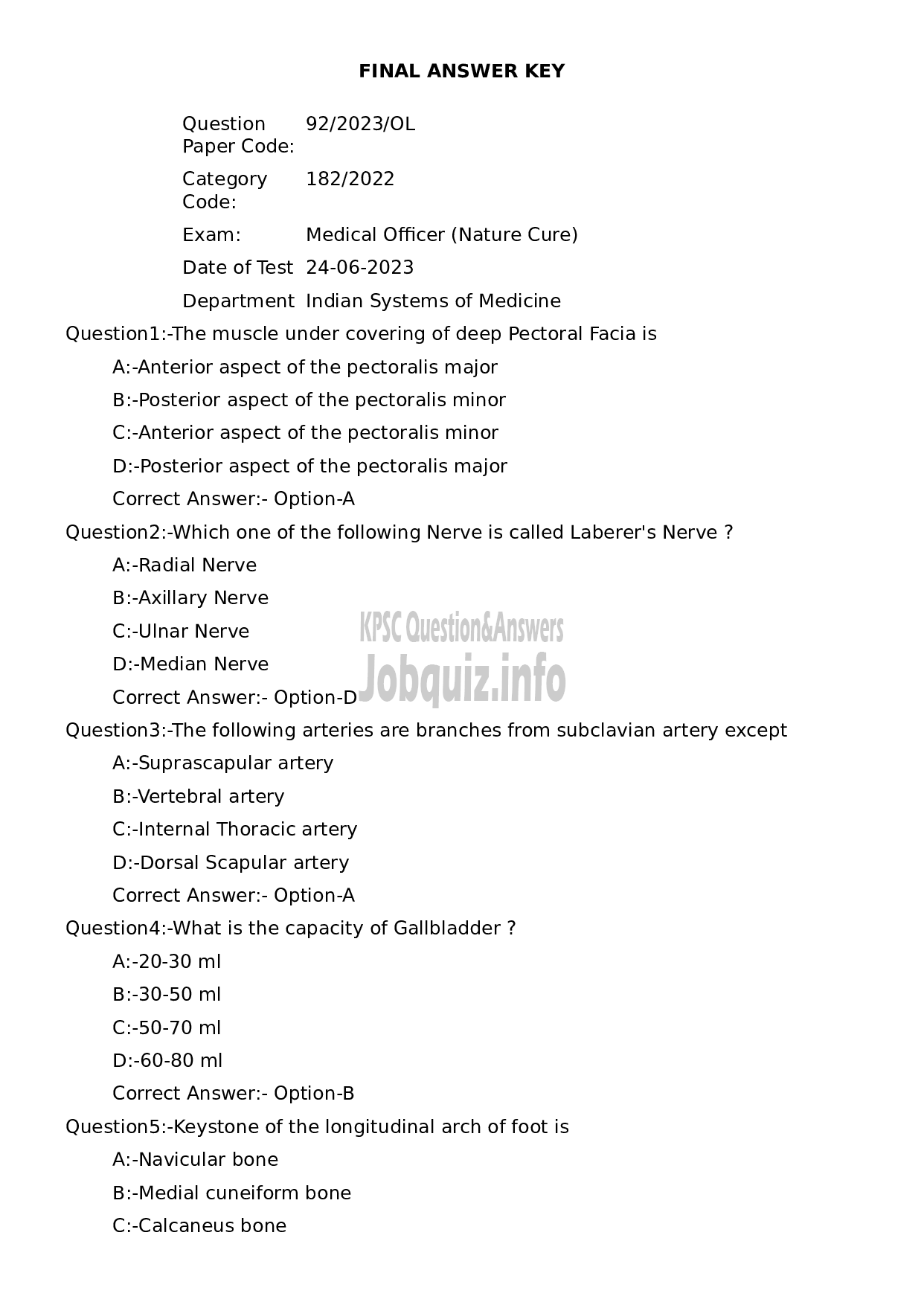 Kerala PSC Question Paper - Medical Officer (Nature Cure)-1