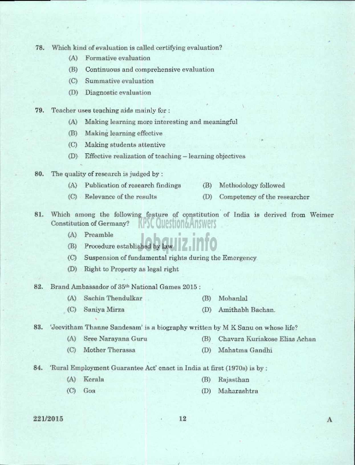 Kerala PSC Question Paper - NON VOCATIONAL TEACHER GENERAL FOUNDATION COURSE JUNIOR VHSE-10