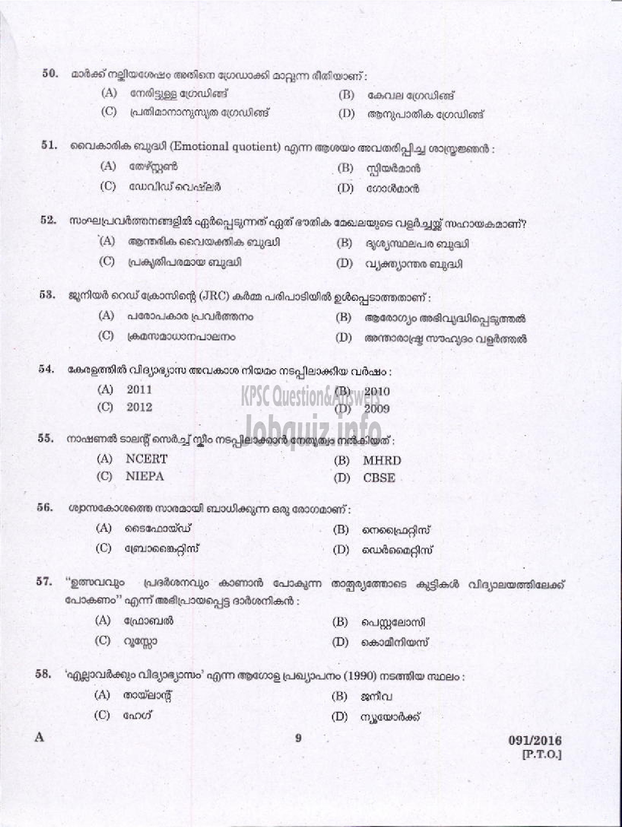 Kerala PSC Question Paper - NURSERY SCHOOL TEACHER SCHEDULED TRIBE DEVELOPMENT-7