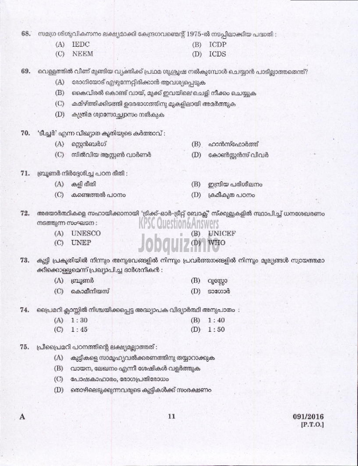 Kerala PSC Question Paper - NURSERY SCHOOL TEACHER SCHEDULED TRIBE DEVELOPMENT-9