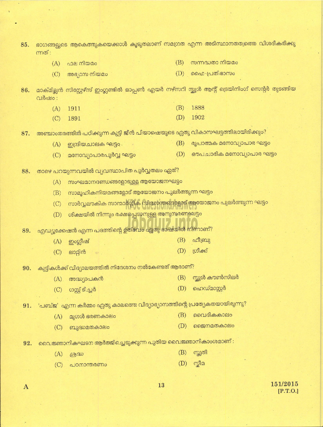 Kerala PSC Question Paper - NURSERY SCHOOL TEACHER SC DEVELOPMENT-11