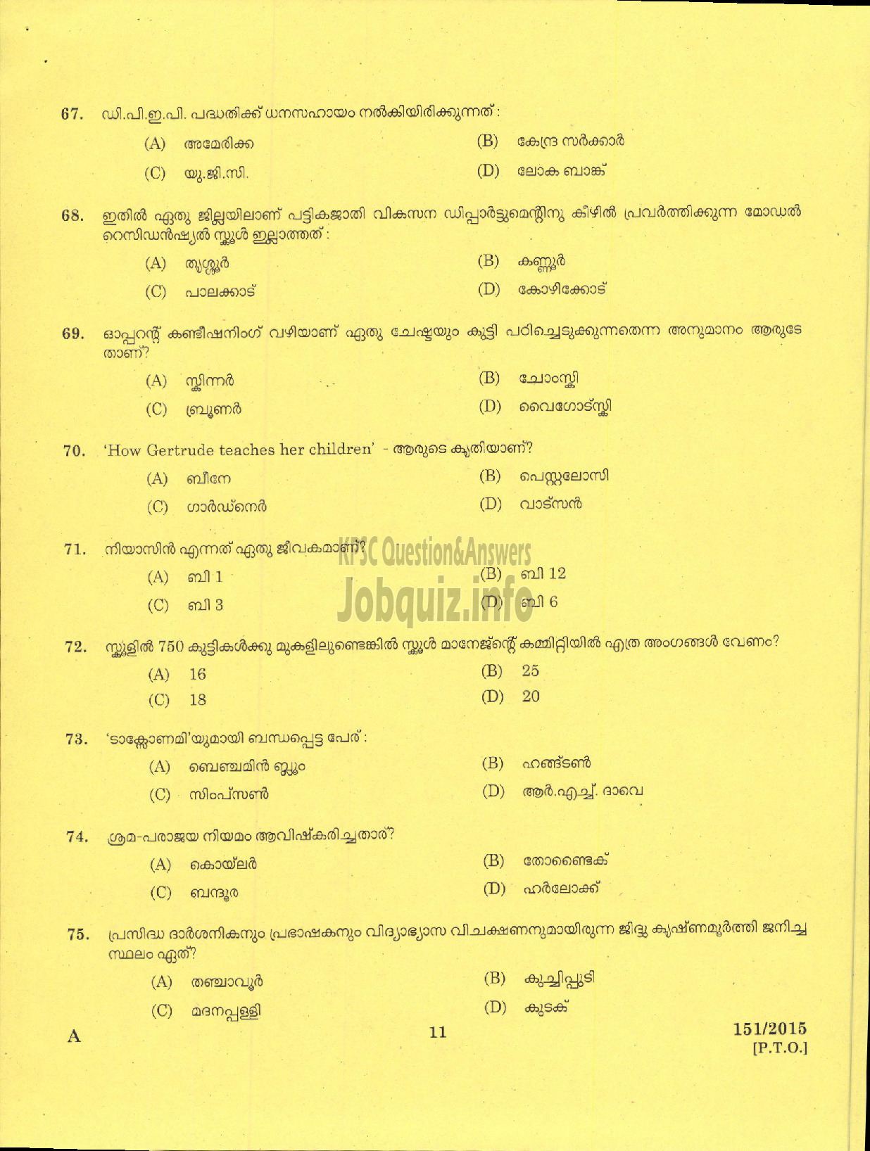 Kerala PSC Question Paper - NURSERY SCHOOL TEACHER SC DEVELOPMENT-9