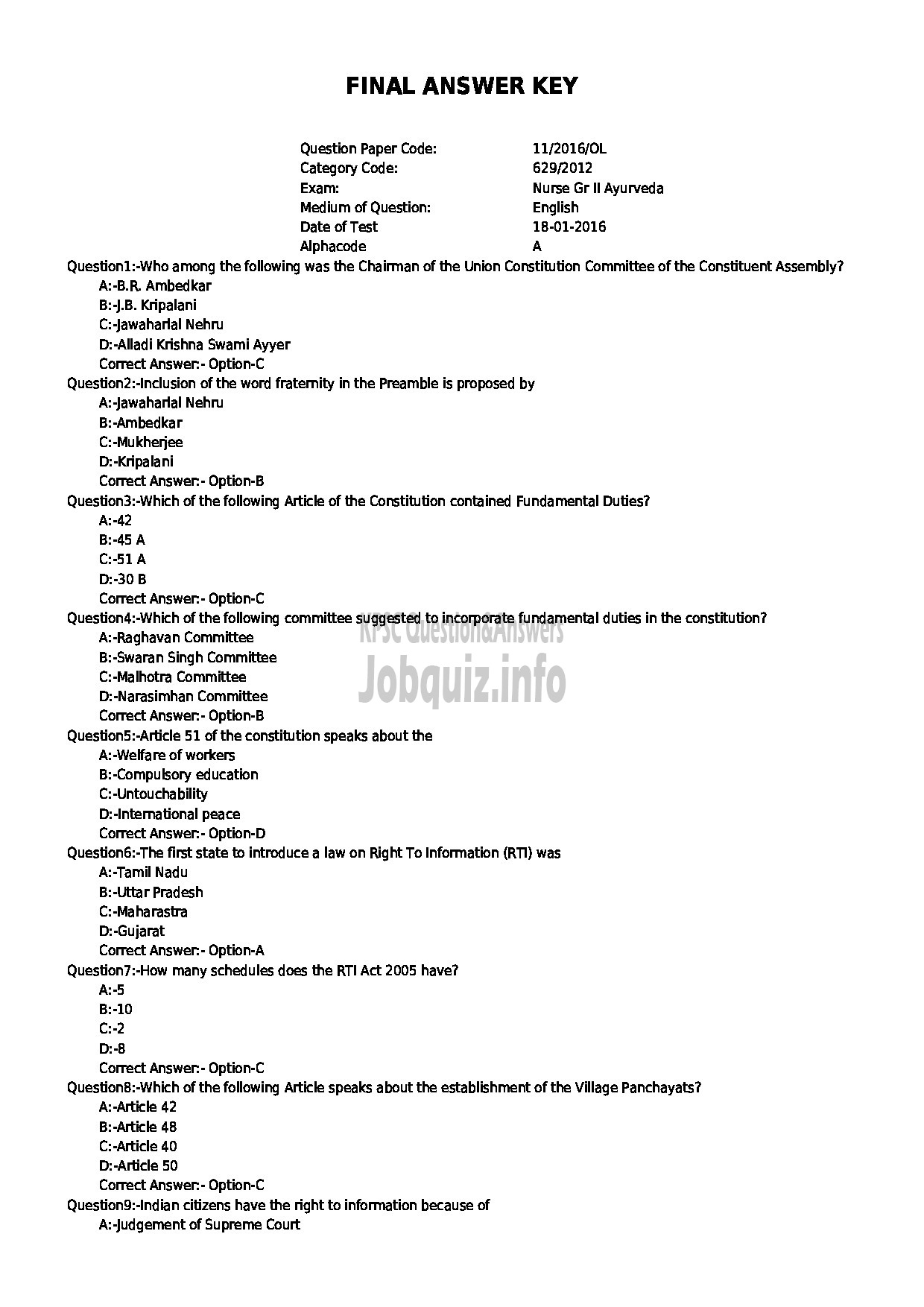 Kerala PSC Question Paper - NURSE GR.II AYURVEDA INDIAN SYSTEMS OF MEDICINE-1