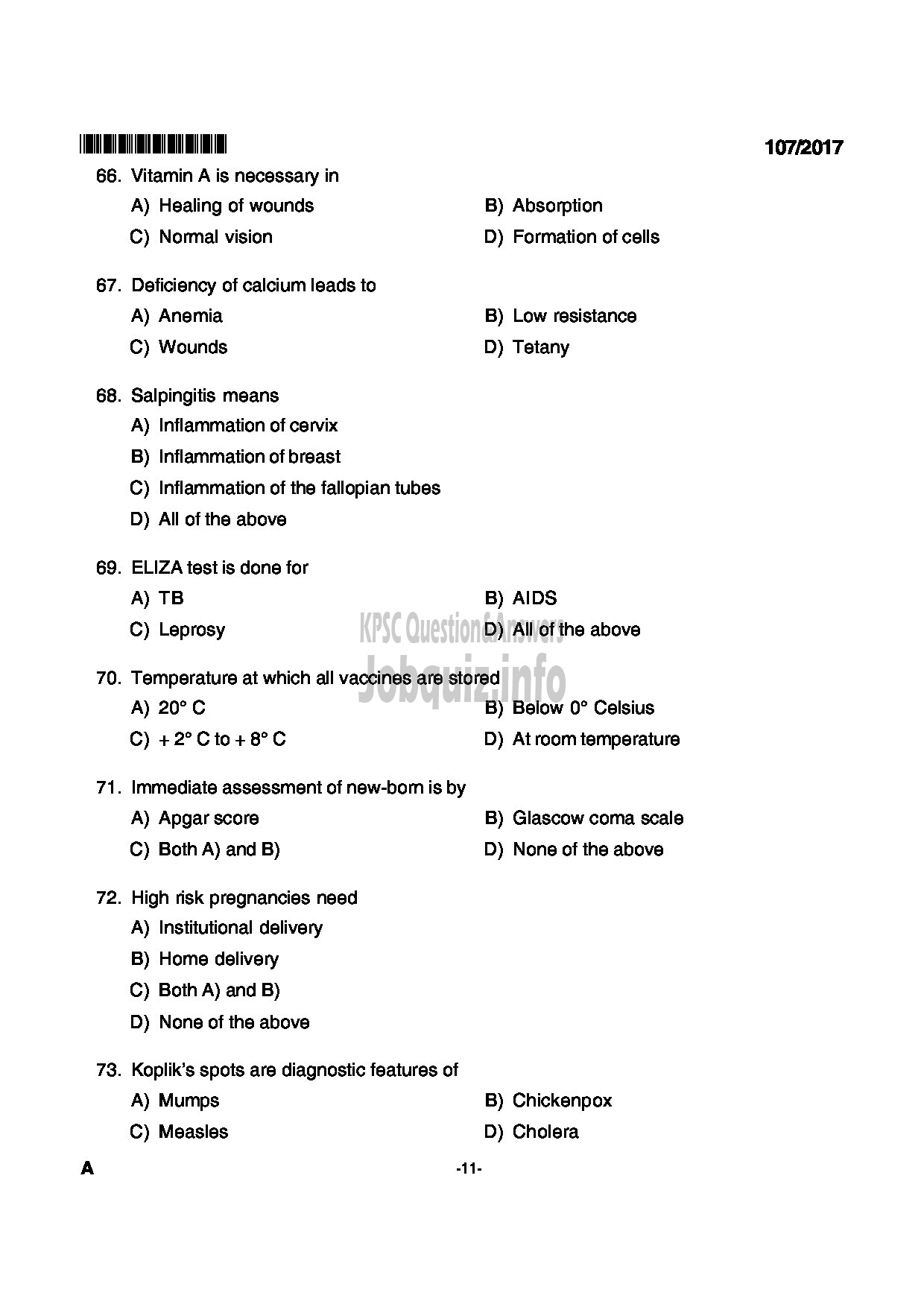 Kerala PSC Question Paper - NURSE PLANTATION CORPORATION OF KERALA LTD-11