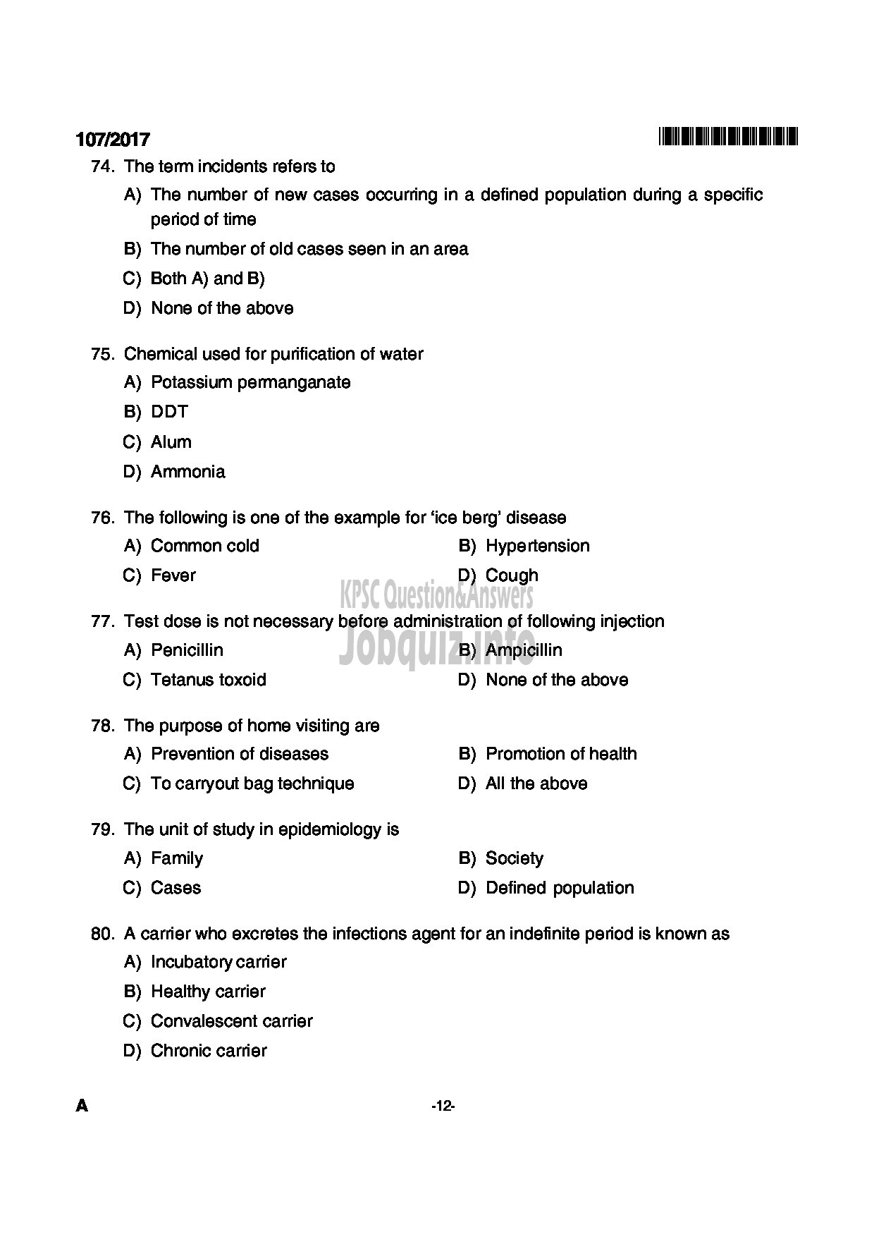 Kerala PSC Question Paper - NURSE PLANTATION CORPORATION OF KERALA LTD-12