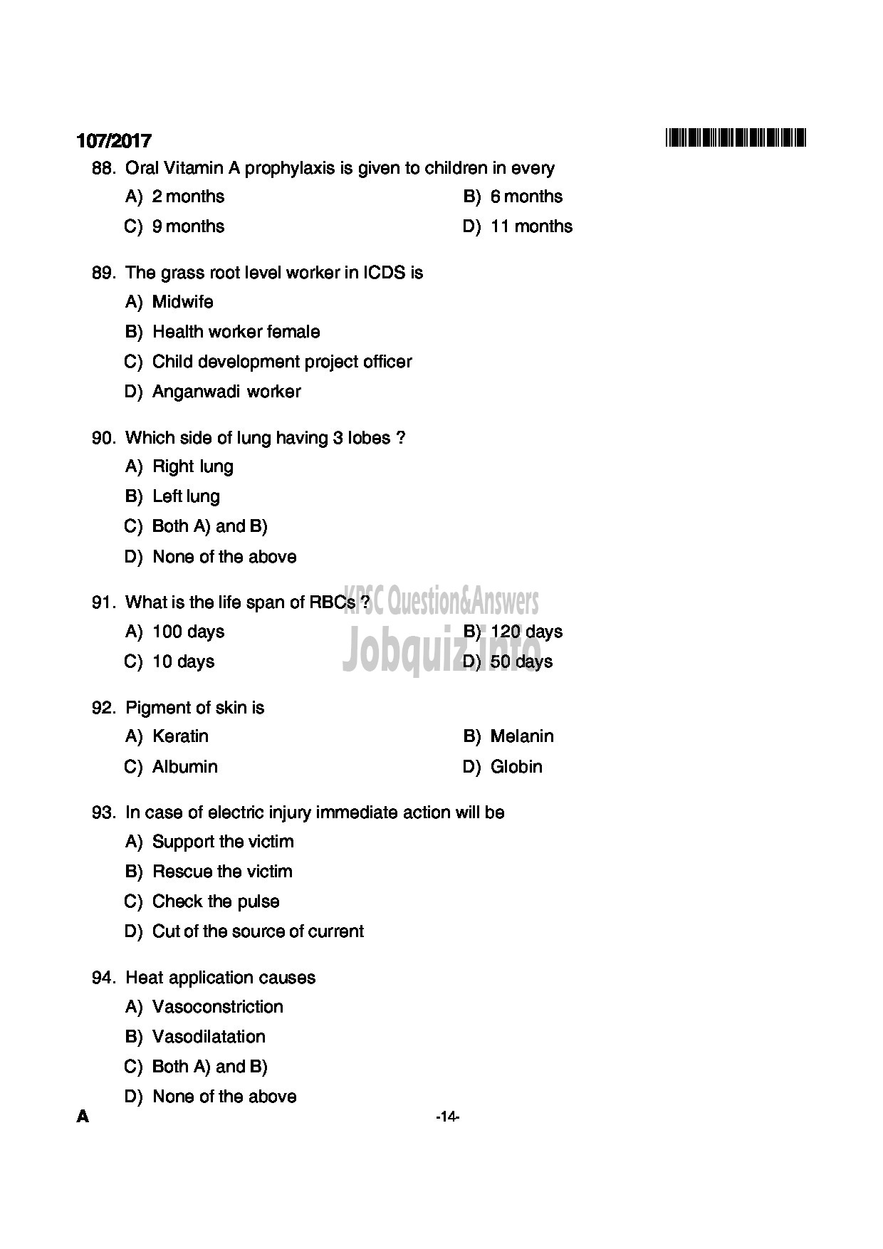 Kerala PSC Question Paper - NURSE PLANTATION CORPORATION OF KERALA LTD-14