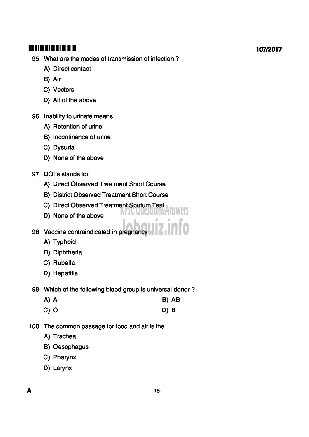 Kerala PSC Question Paper - NURSE PLANTATION CORPORATION OF KERALA LTD-15