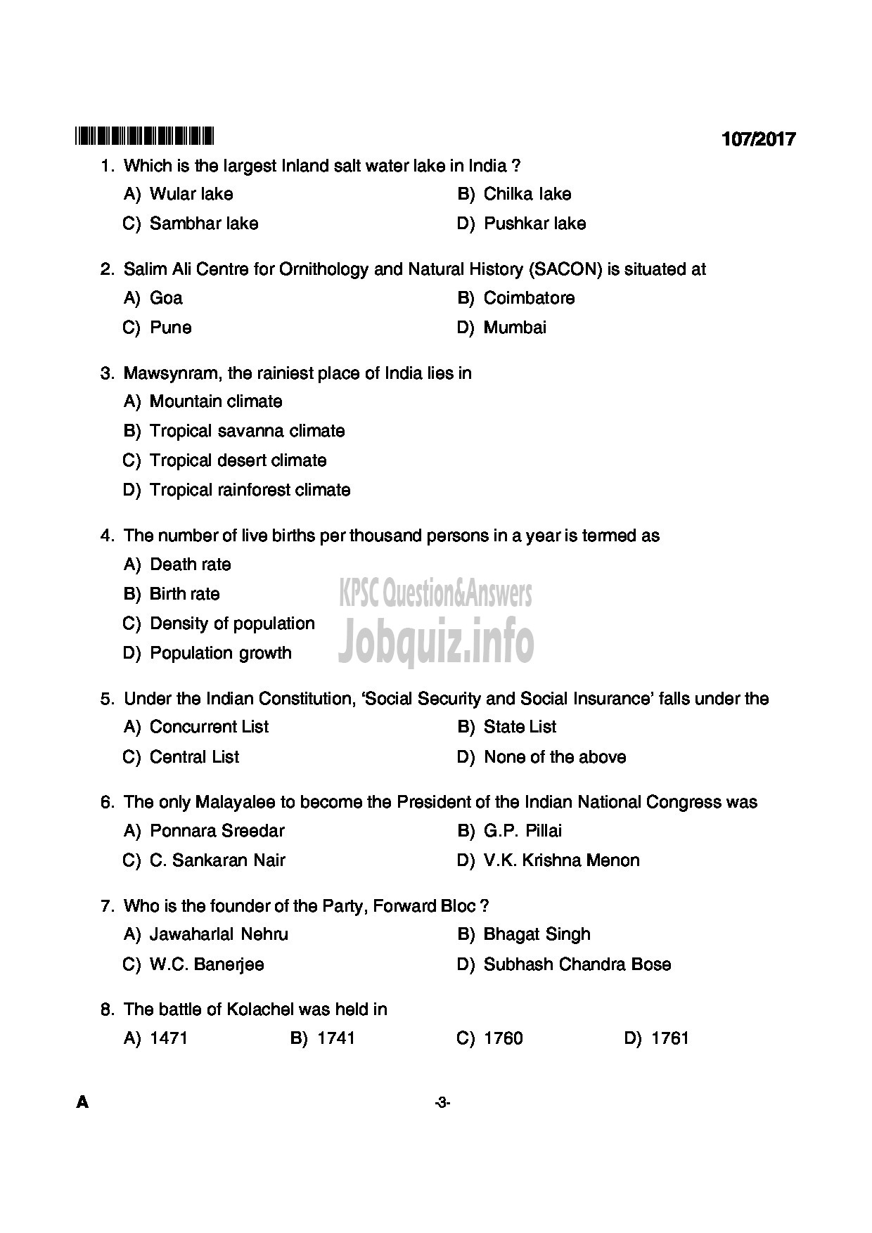 Kerala PSC Question Paper - NURSE PLANTATION CORPORATION OF KERALA LTD-3