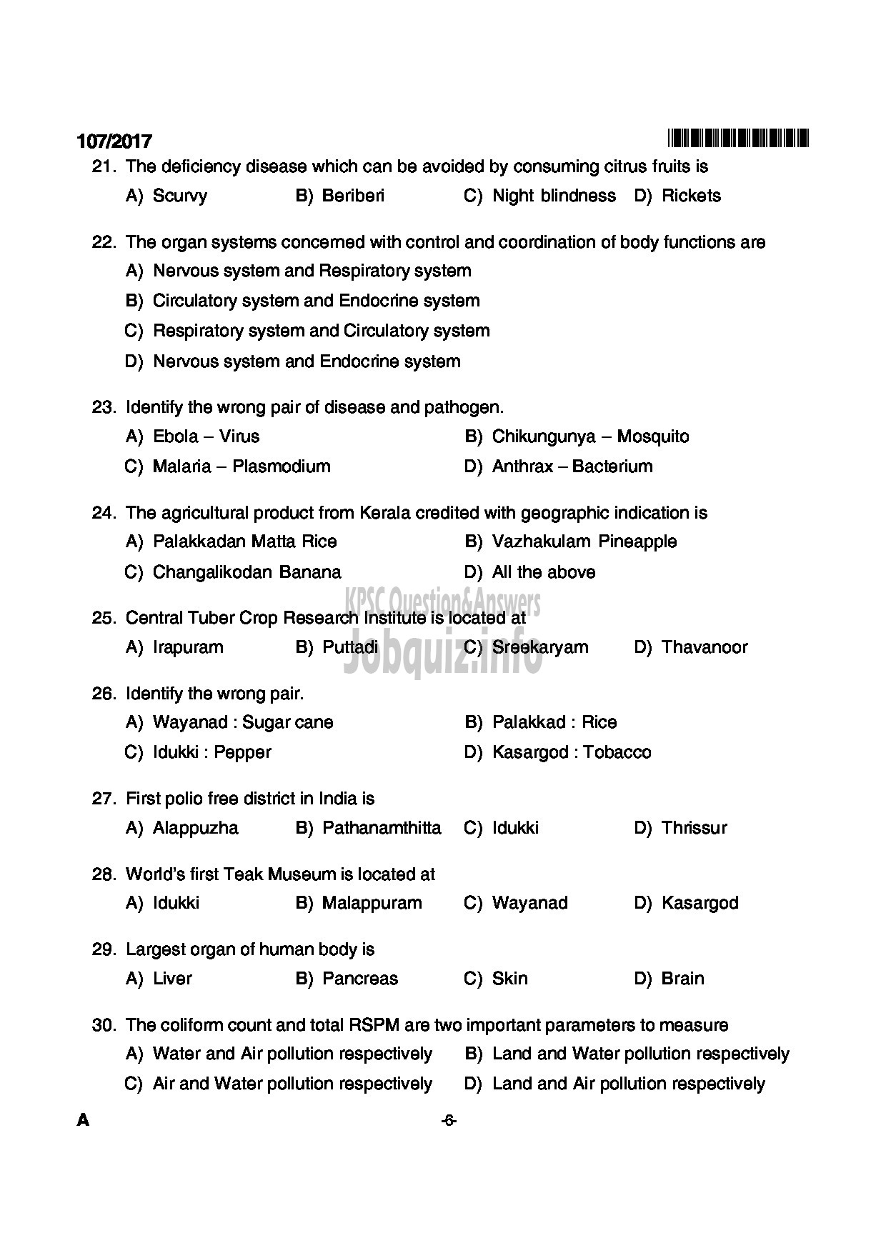 Kerala PSC Question Paper - NURSE PLANTATION CORPORATION OF KERALA LTD-6