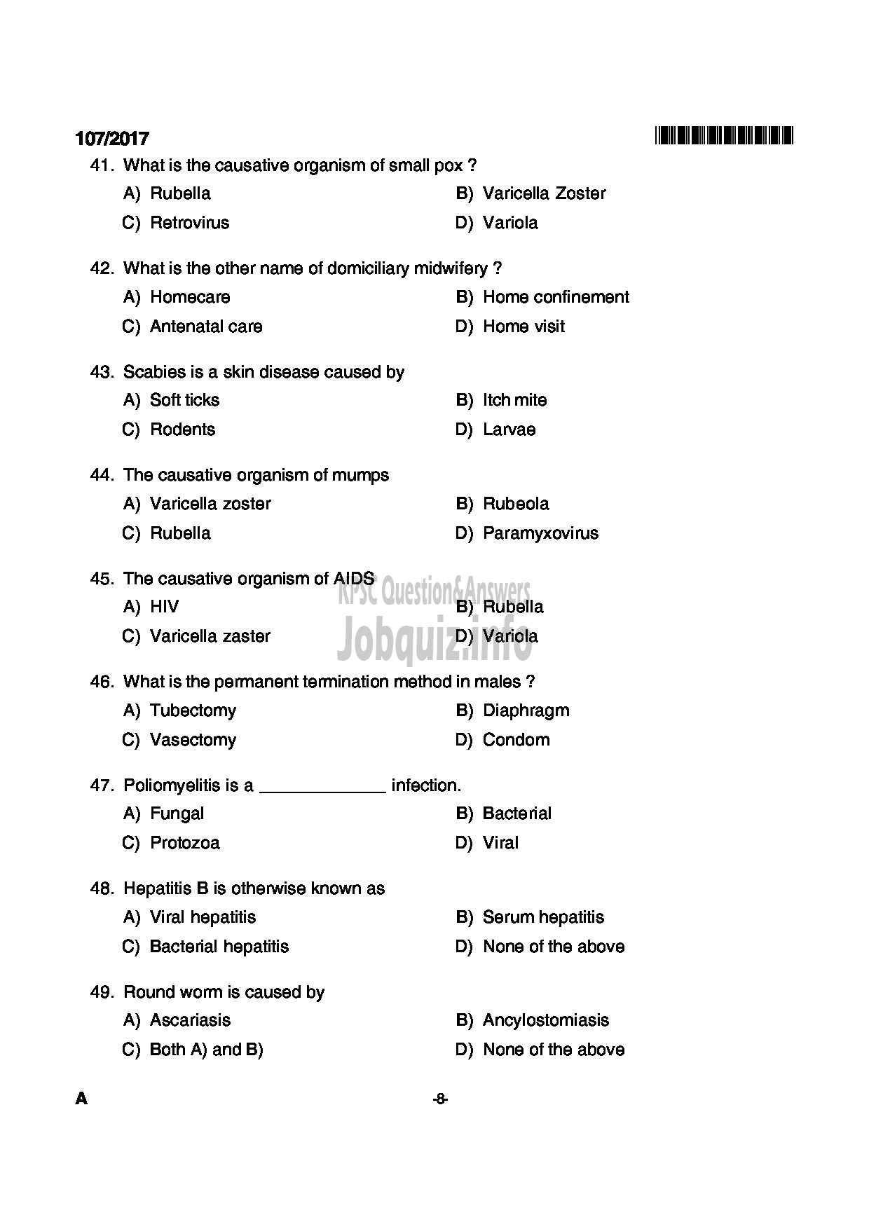 Kerala PSC Question Paper - NURSE PLANTATION CORPORATION OF KERALA LTD-8