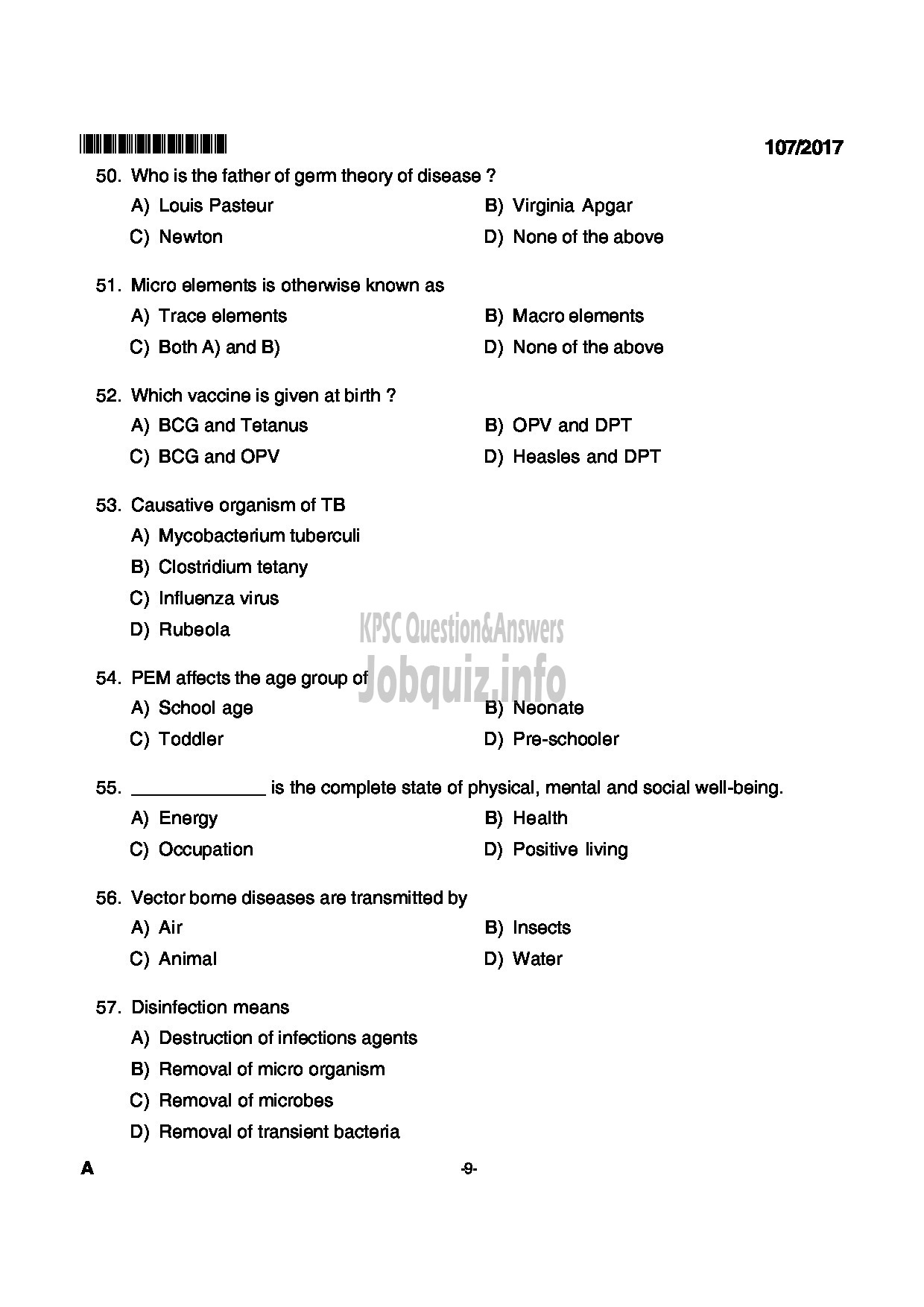 Kerala PSC Question Paper - NURSE PLANTATION CORPORATION OF KERALA LTD-9