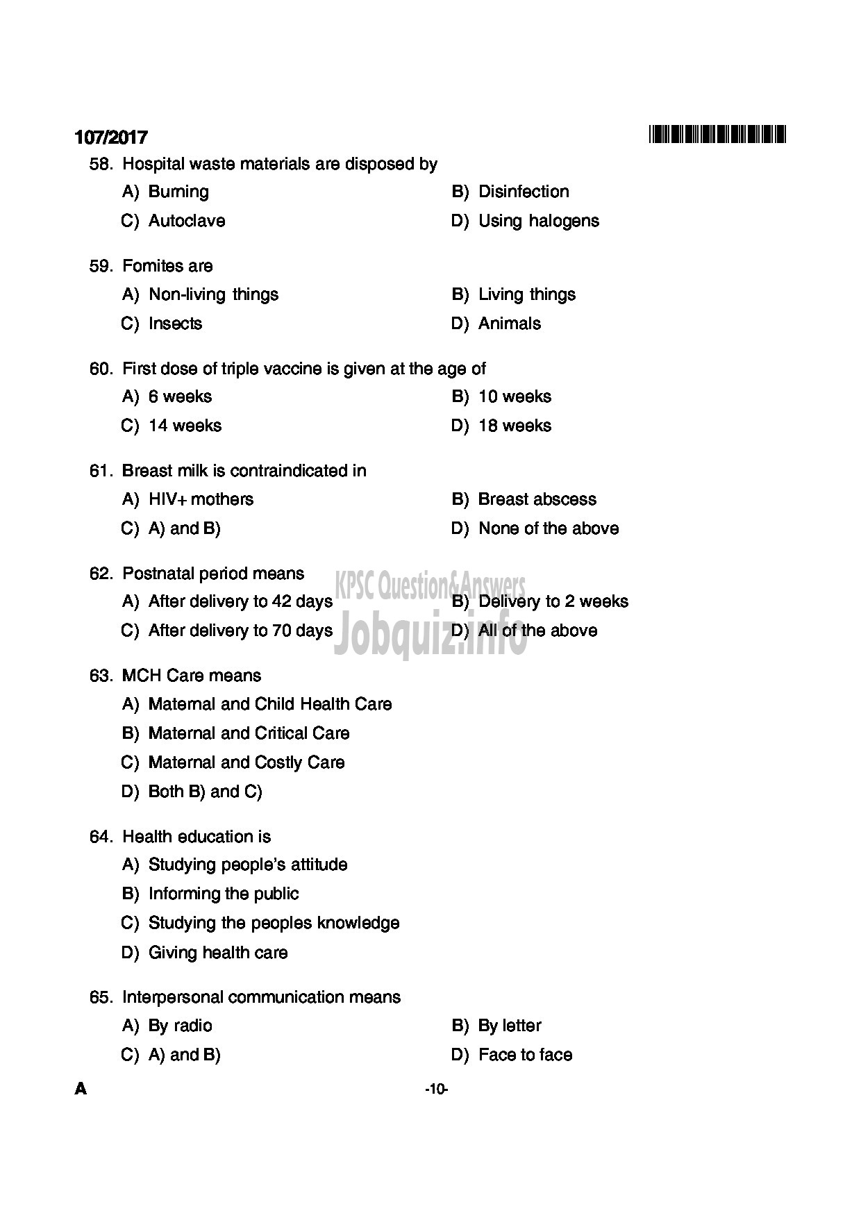 Kerala PSC Question Paper - NURSE PLANTATION CORPORATION OF KERALA LTD-10